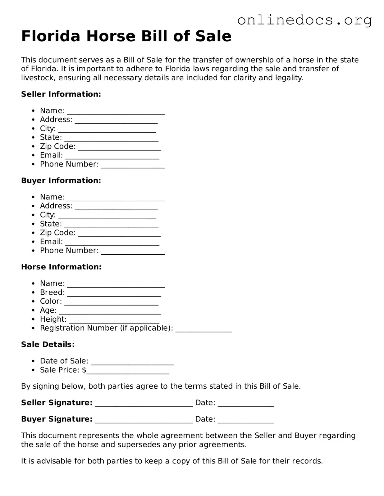 Fillable  Horse Bill of Sale Form for Florida
