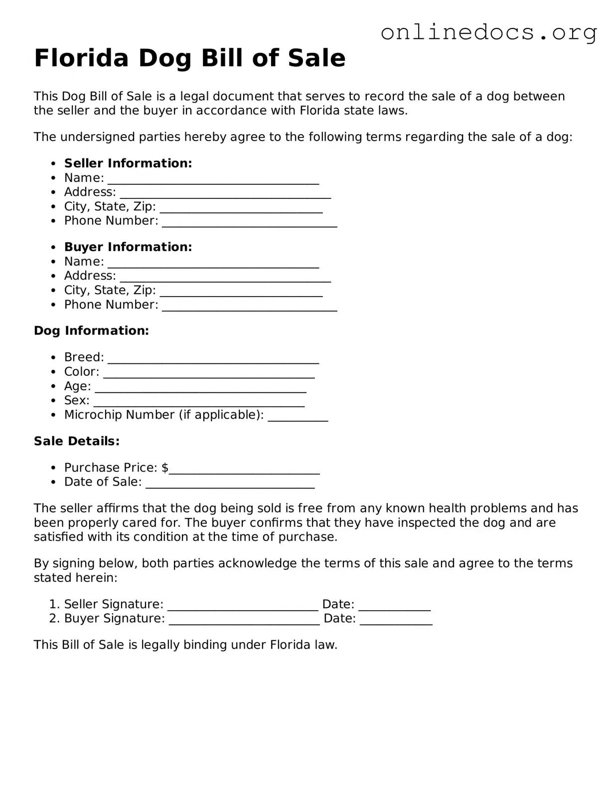 Fillable  Dog Bill of Sale Form for Florida
