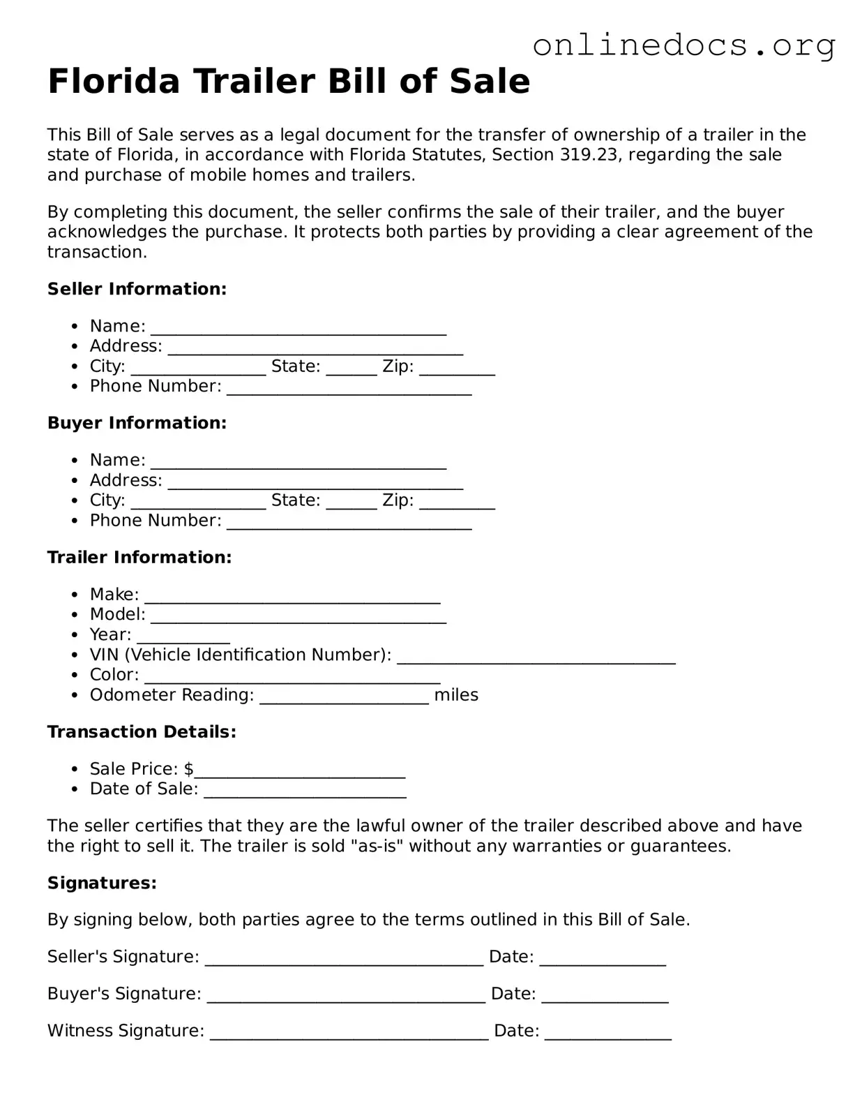 Fillable  Trailer Bill of Sale Form for Florida
