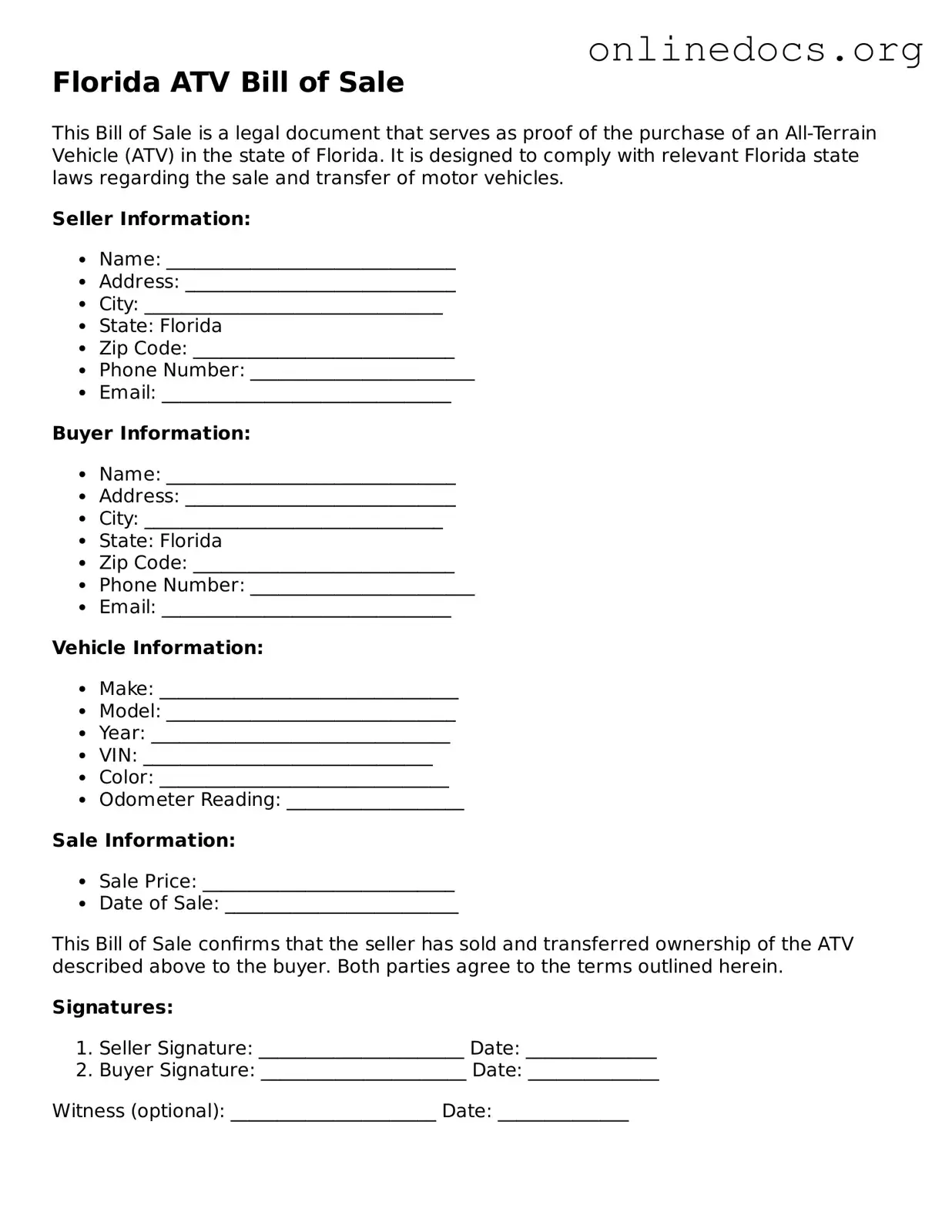Fillable ATV Bill of Sale Form for Florida