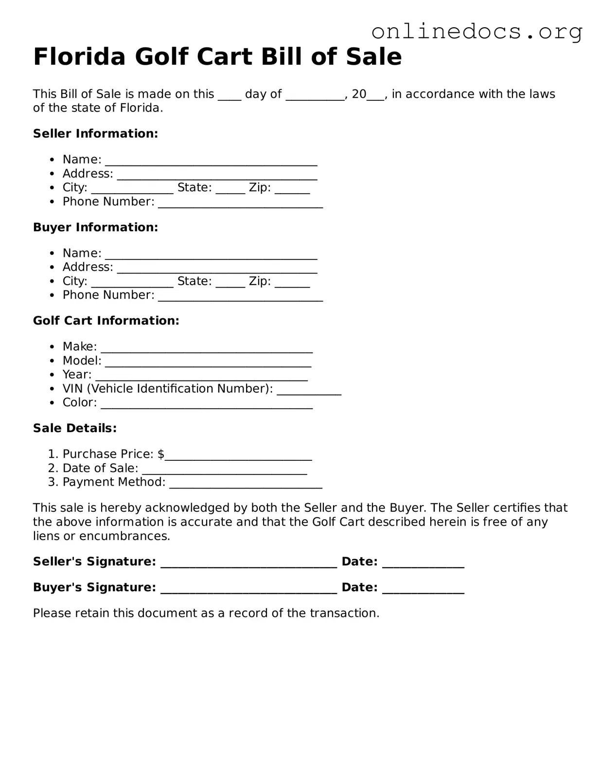 Fillable  Golf Cart Bill of Sale Form for Florida
