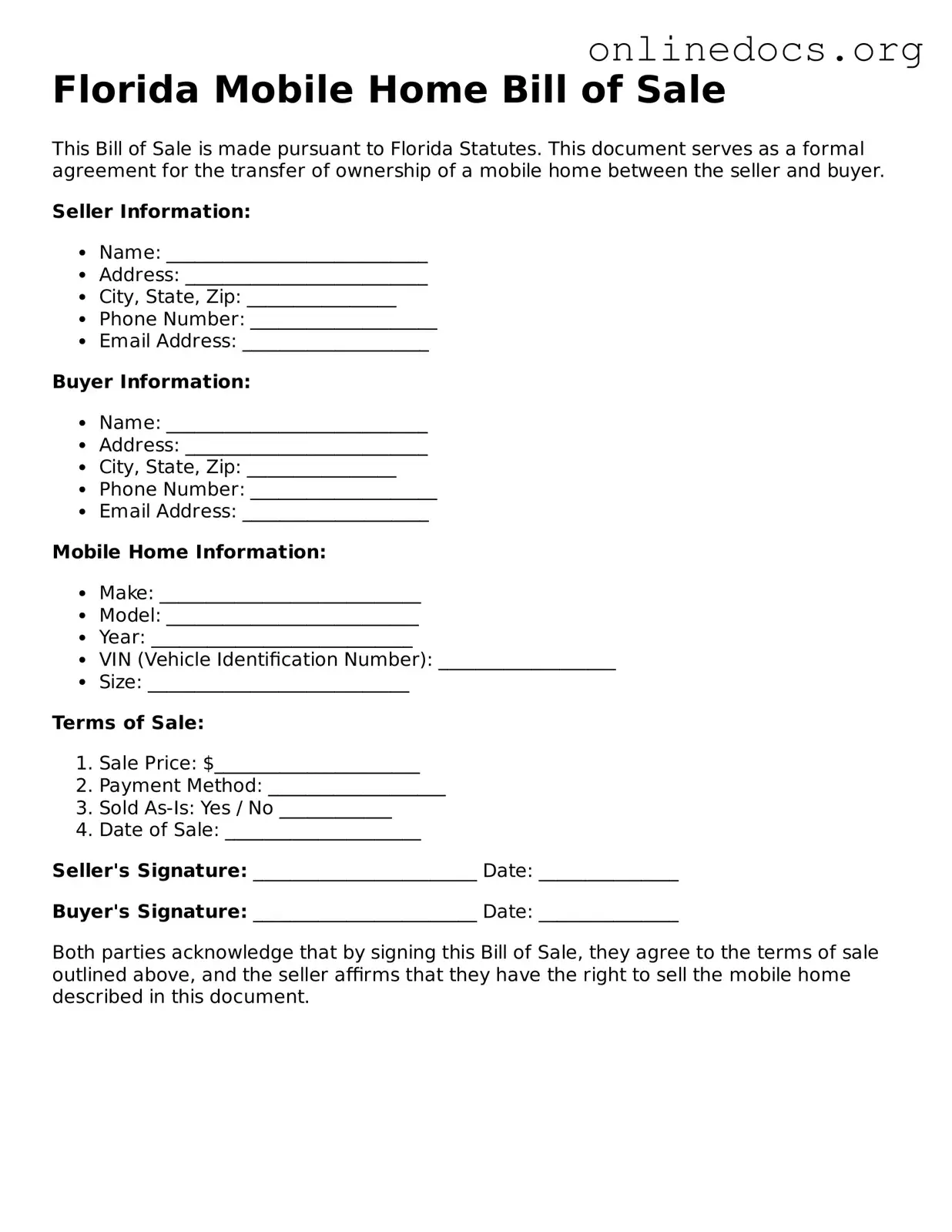 Fillable  Mobile Home Bill of Sale Form for Florida