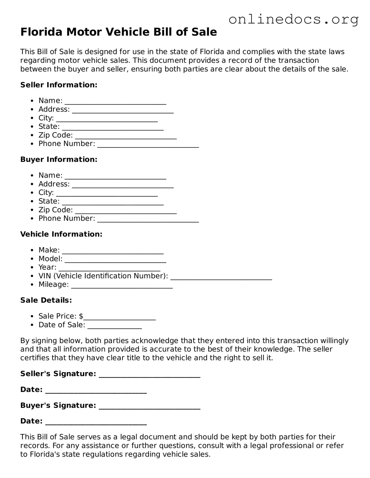 Fillable  Motor Vehicle Bill of Sale Form for Florida