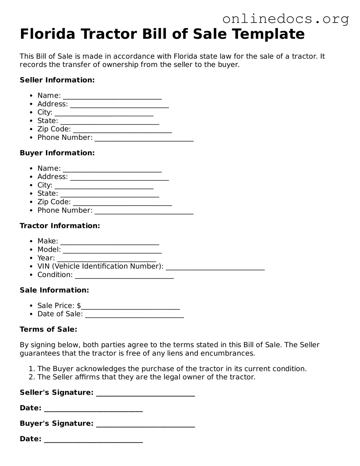 Fillable  Tractor Bill of Sale Form for Florida