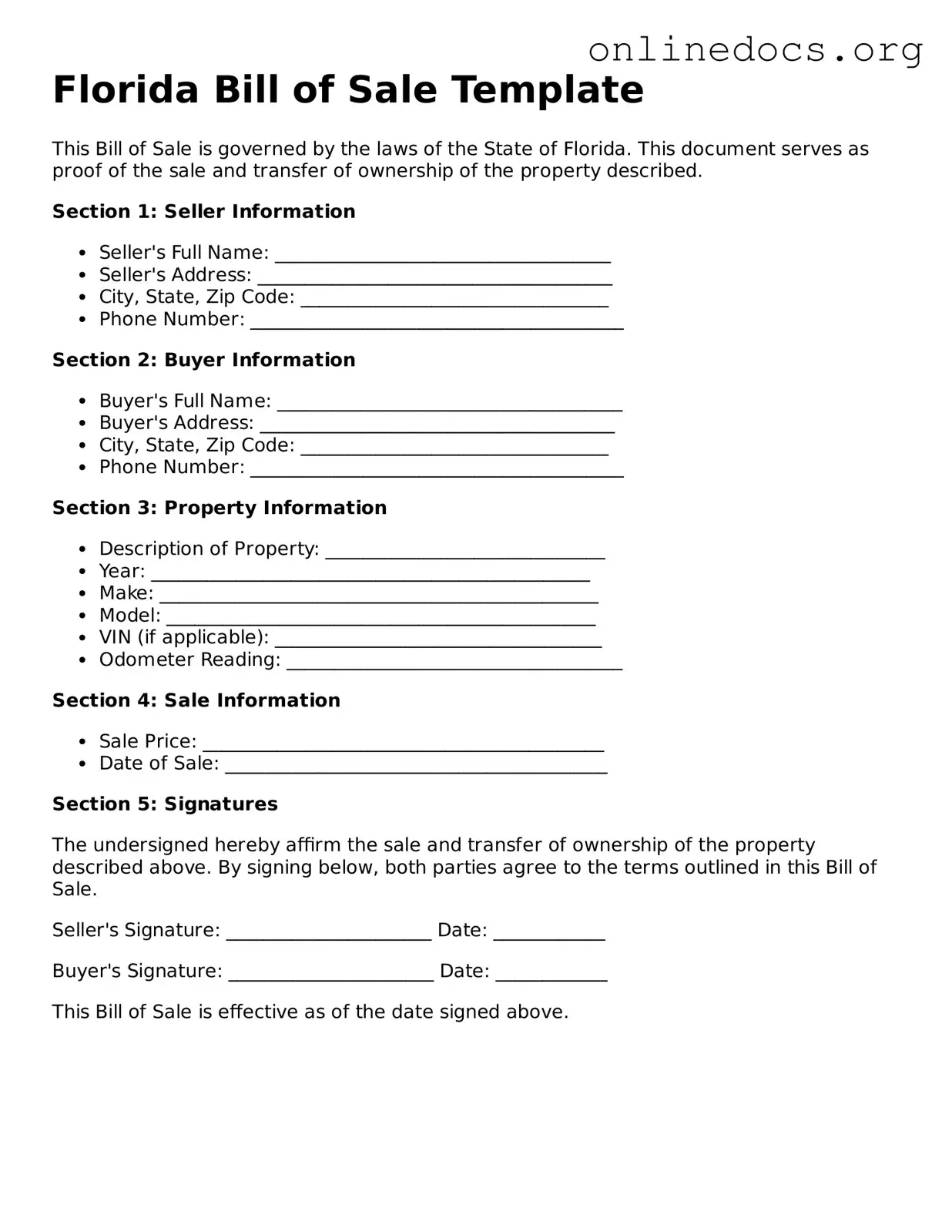 Fillable  Bill of Sale Form for Florida