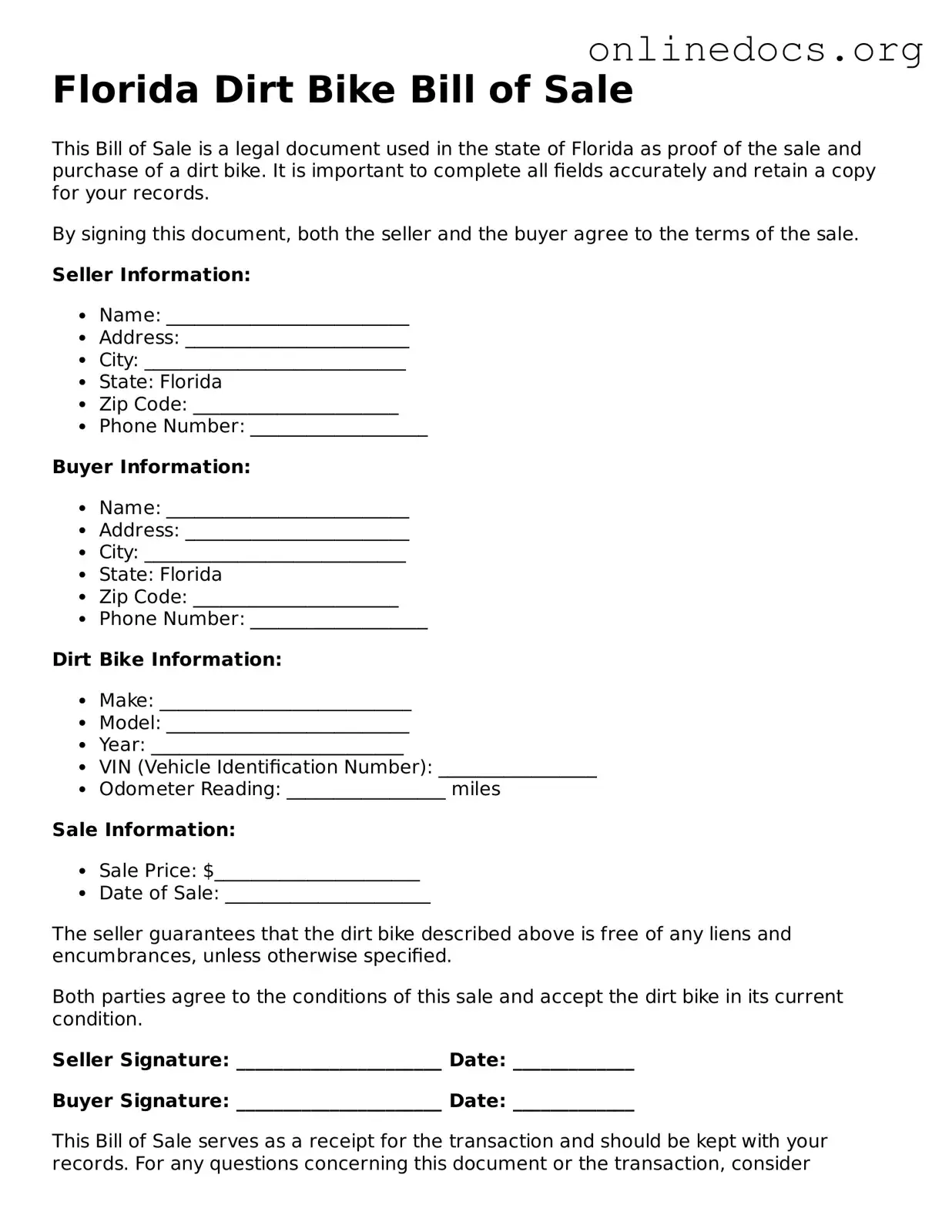 Fillable  Dirt Bike Bill of Sale Form for Florida