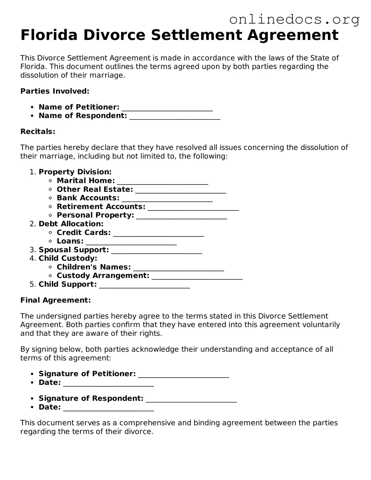 Fillable  Divorce Settlement Agreement Form for Florida