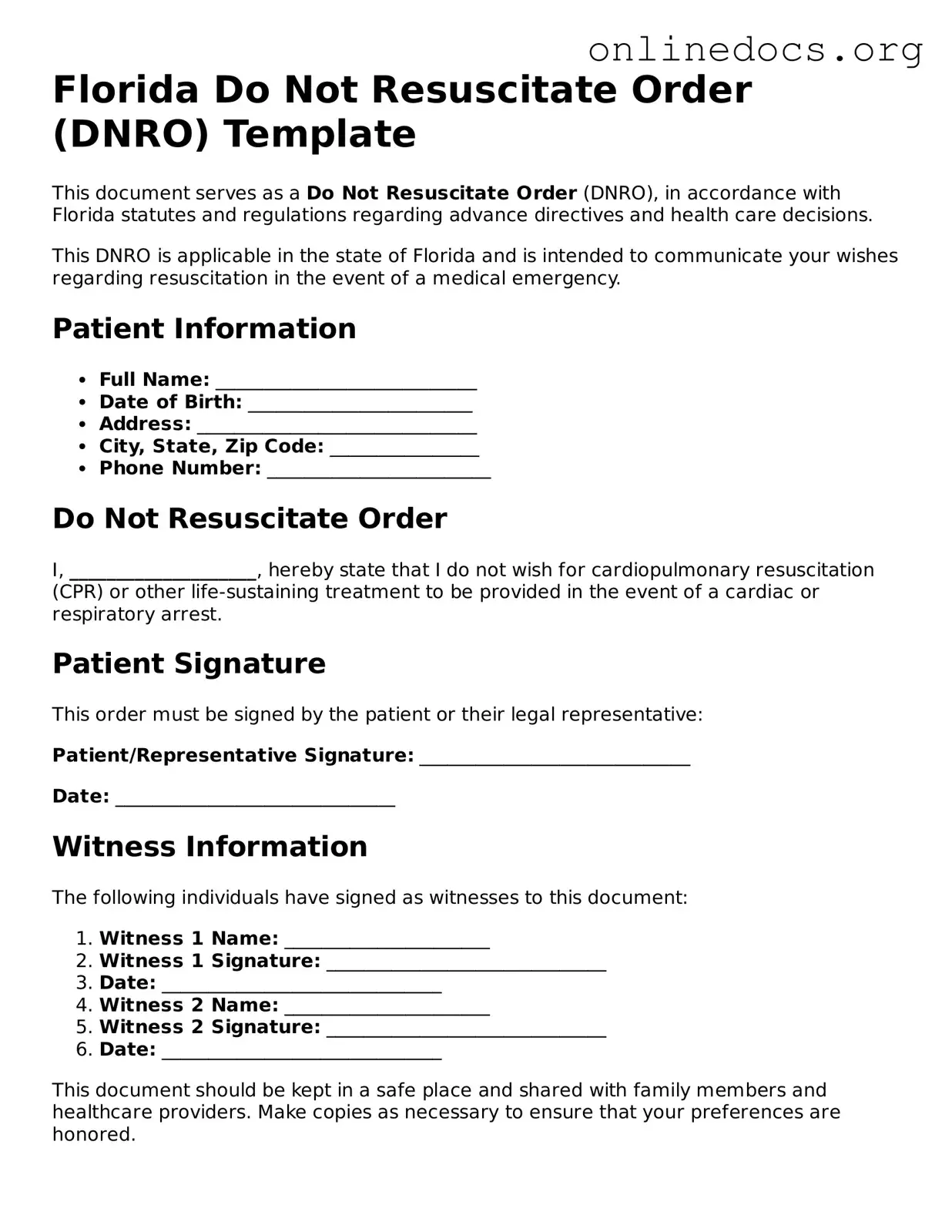 Fillable  Do Not Resuscitate Order Form for Florida
