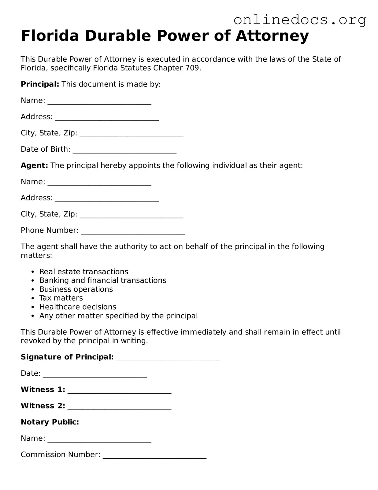 Fillable  Durable Power of Attorney Form for Florida