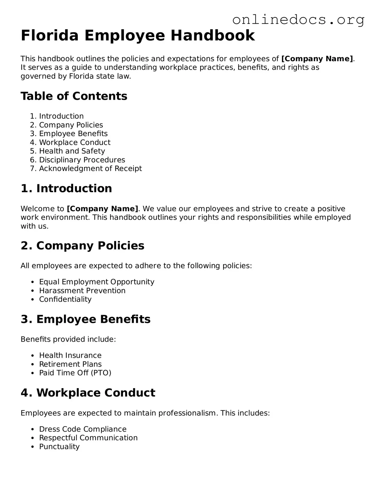 Fillable  Employee Handbook Form for Florida