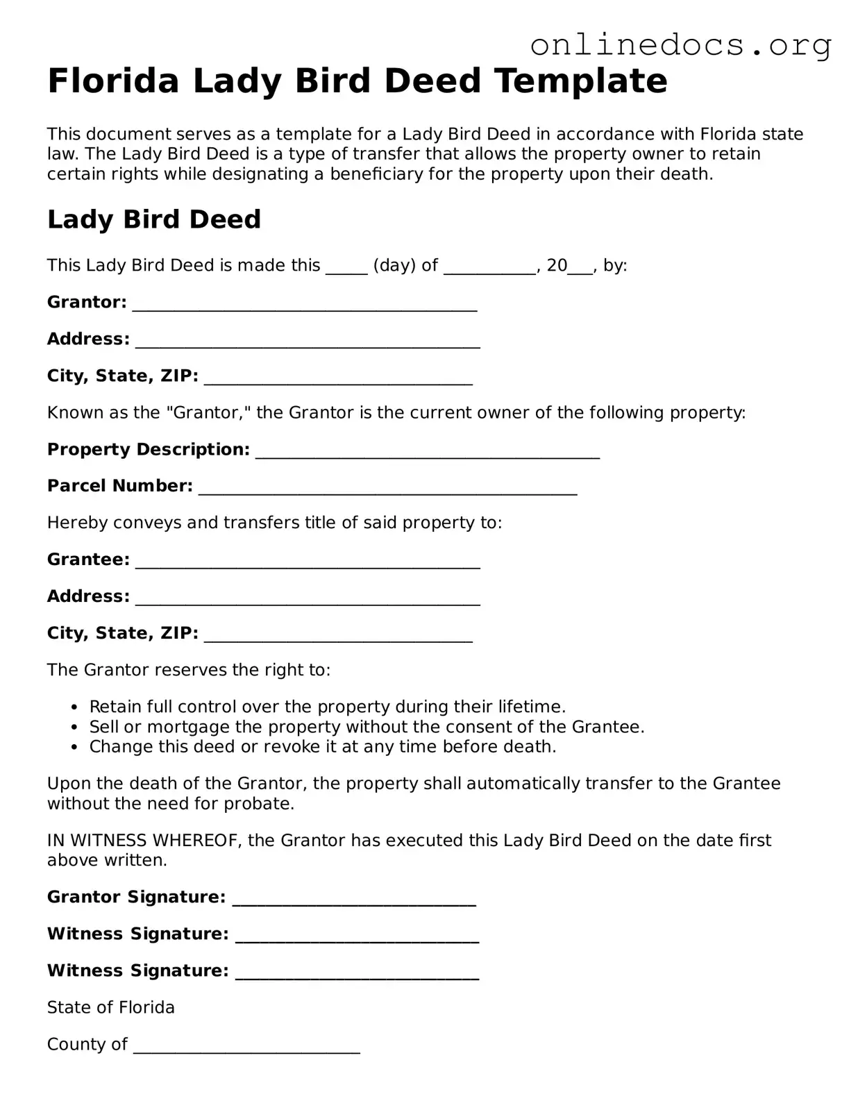 Fillable  Lady Bird Deed Form for Florida