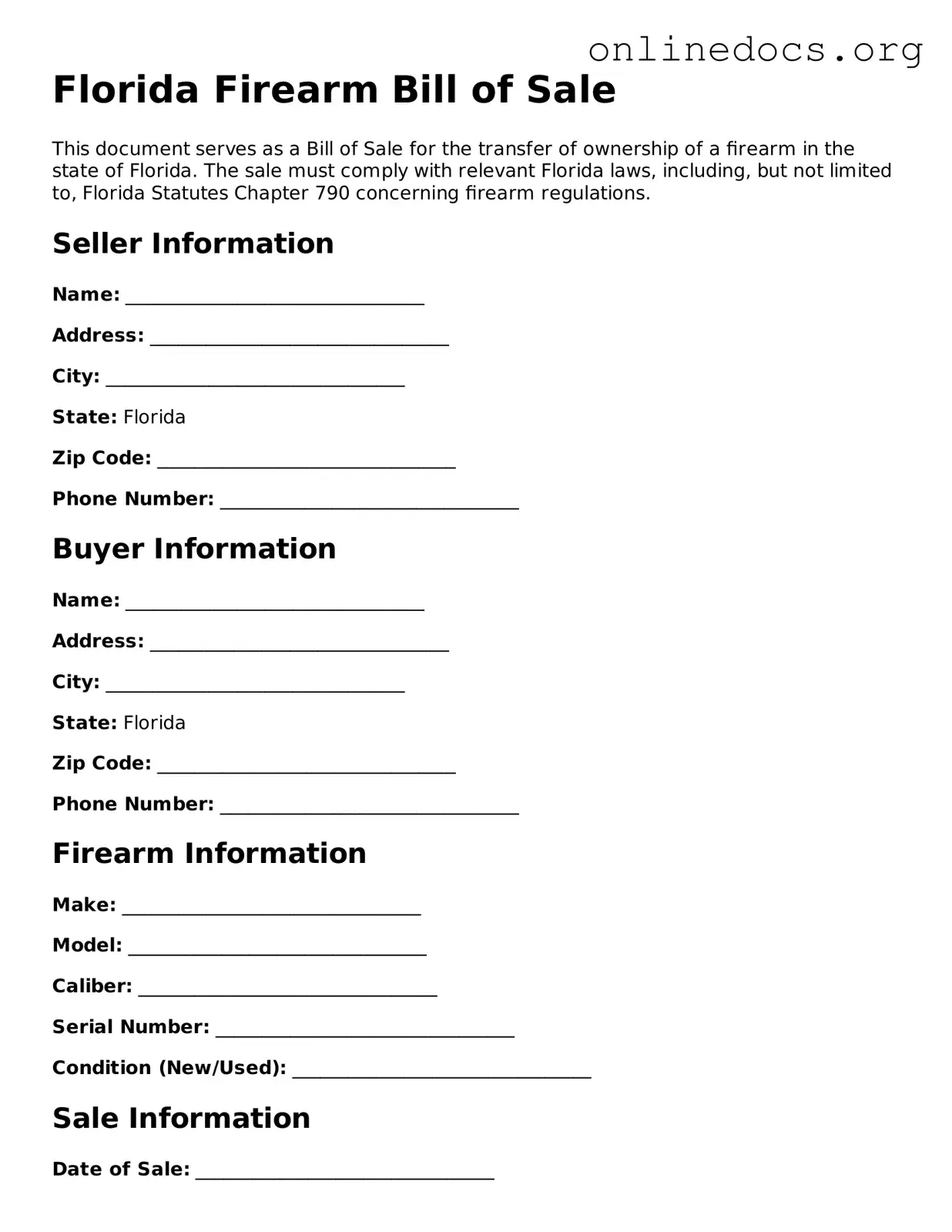 Fillable  Firearm Bill of Sale Form for Florida