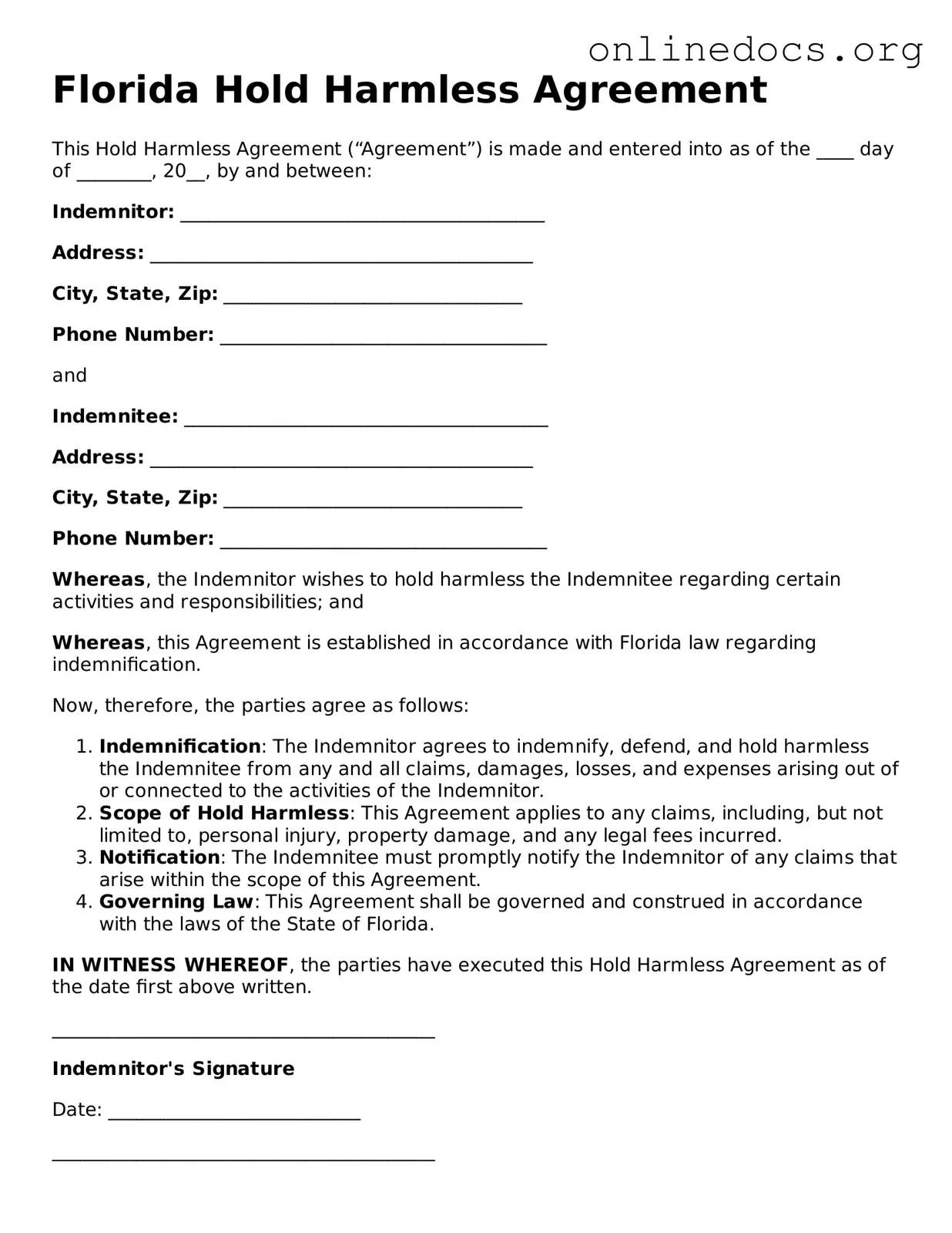 Fillable  Hold Harmless Agreement Form for Florida