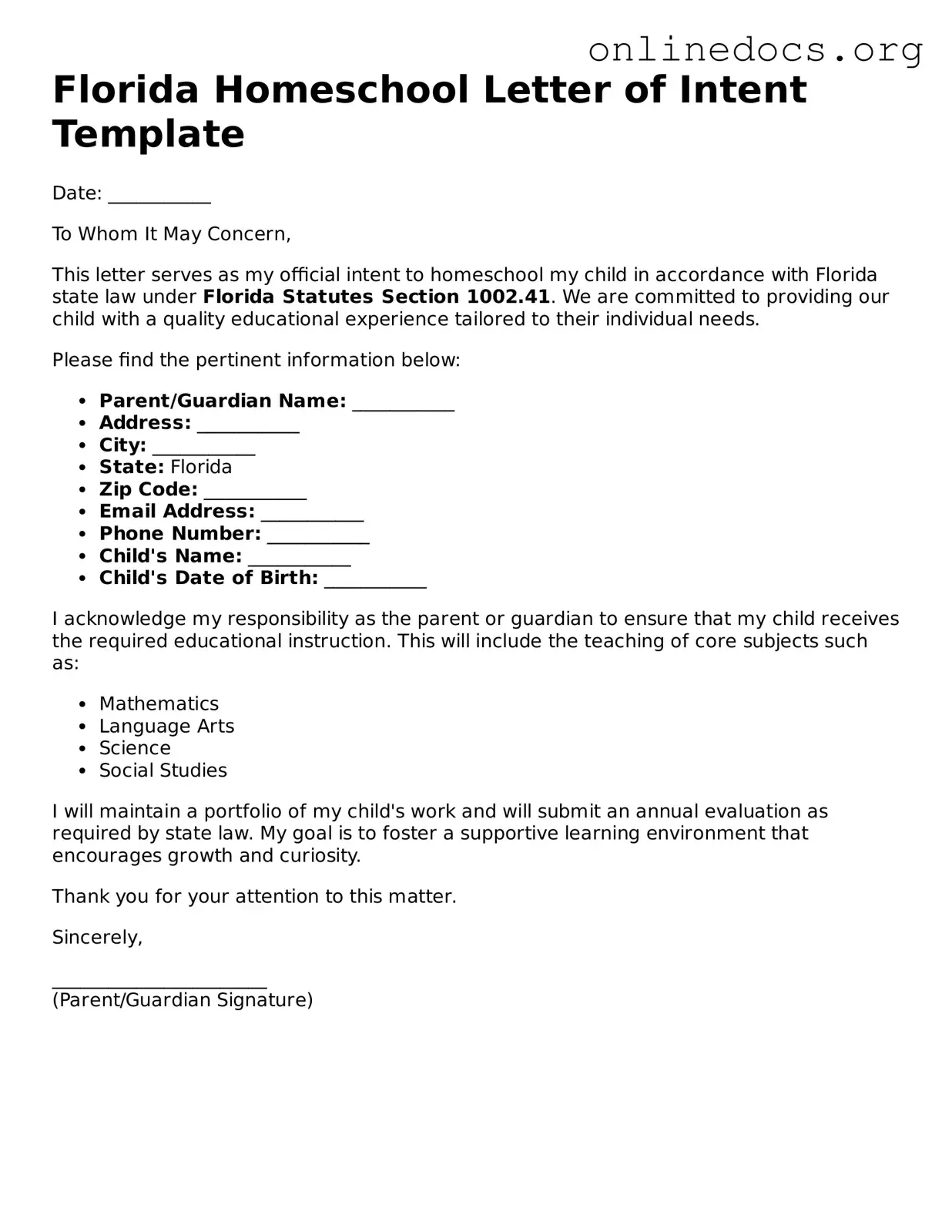 Fillable  Homeschool Letter of Intent Form for Florida