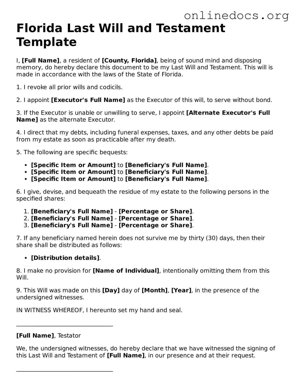 Fillable  Last Will and Testament Form for Florida