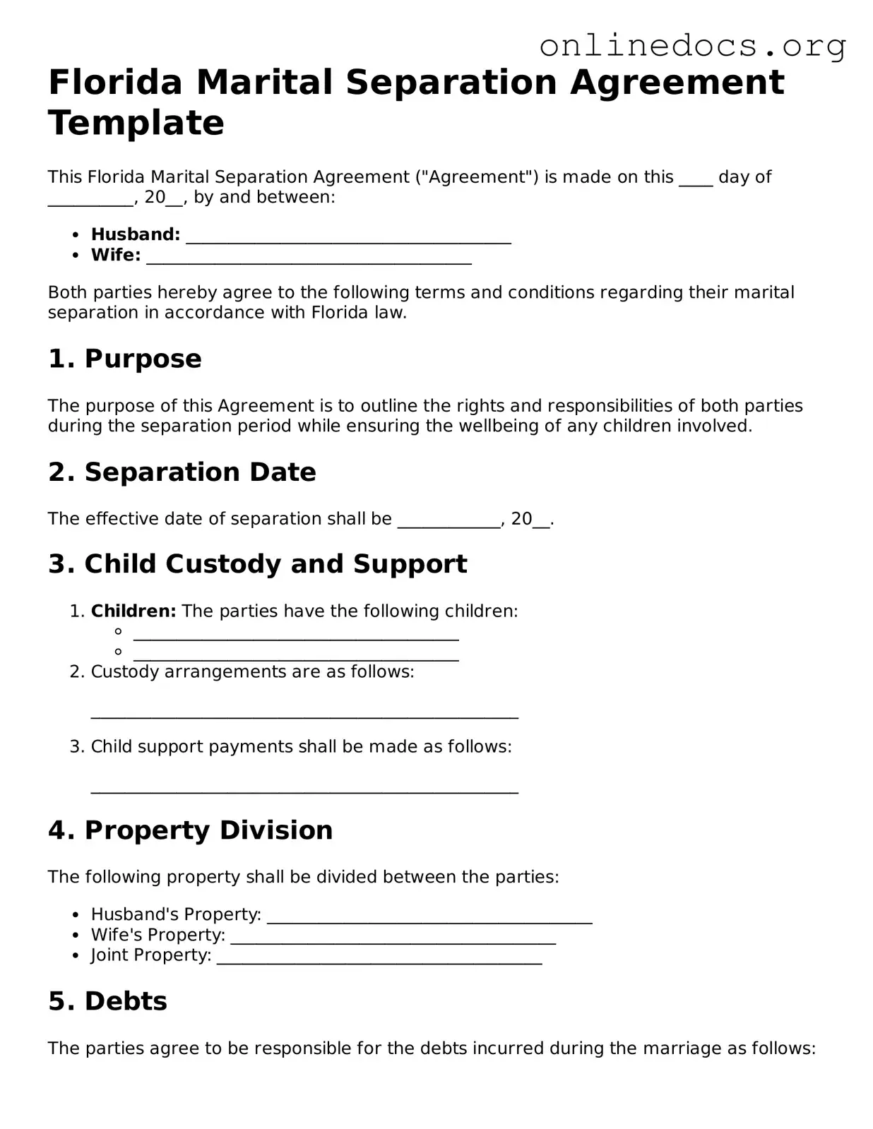Fillable  Marital Separation Agreement Form for Florida