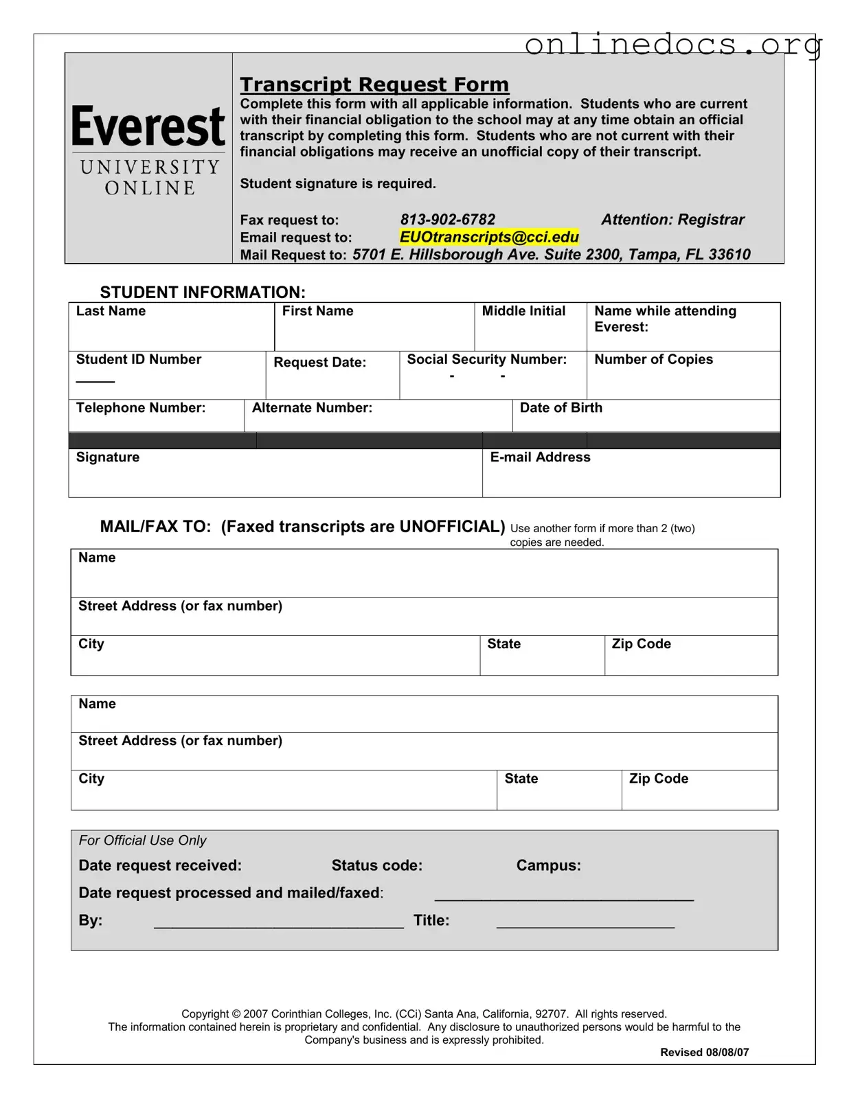 Everest University Transcript PDF Form