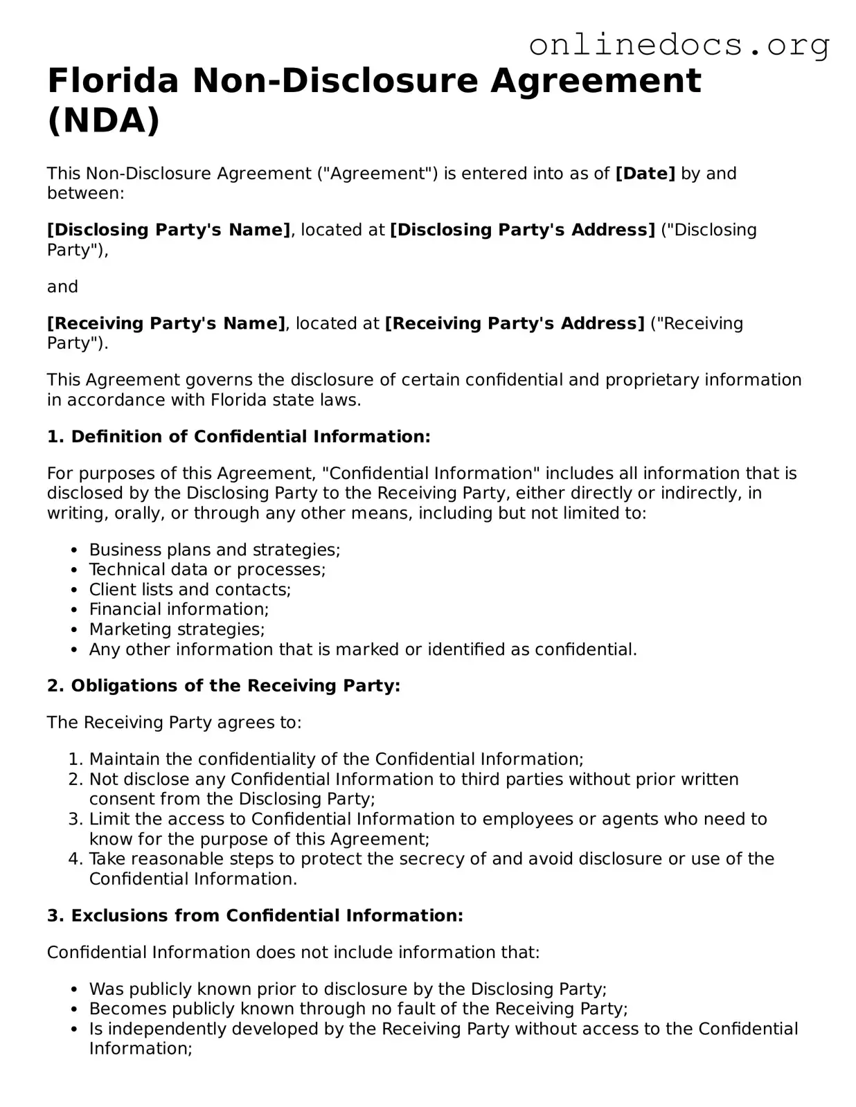 Fillable  Non-disclosure Agreement Form for Florida