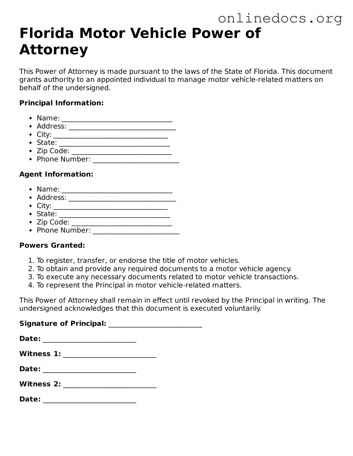 Fillable  Motor Vehicle Power of Attorney Form for Florida