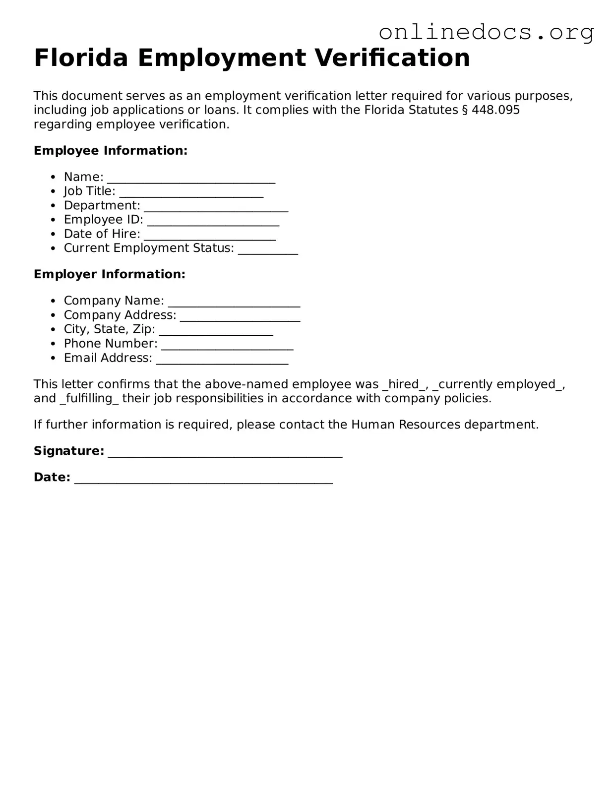 Fillable  Employment Verification Form for Florida