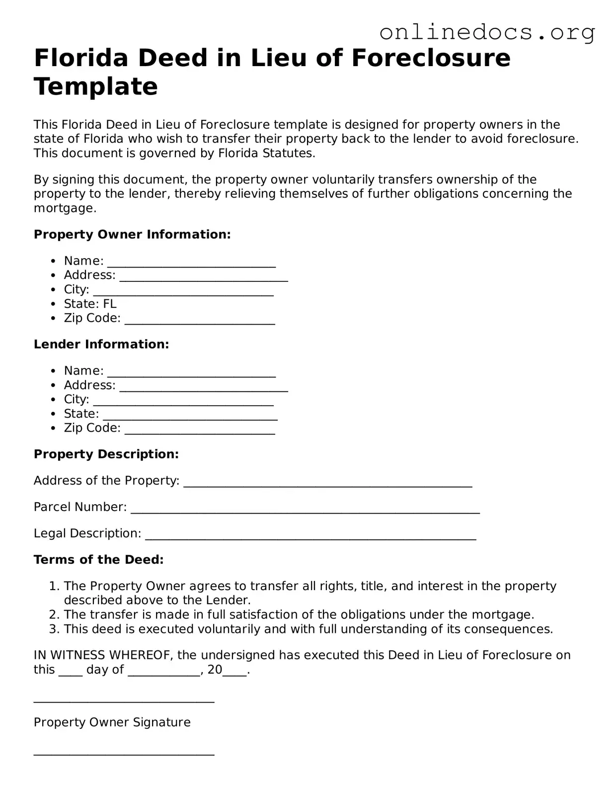 Fillable  Deed in Lieu of Foreclosure Form for Florida