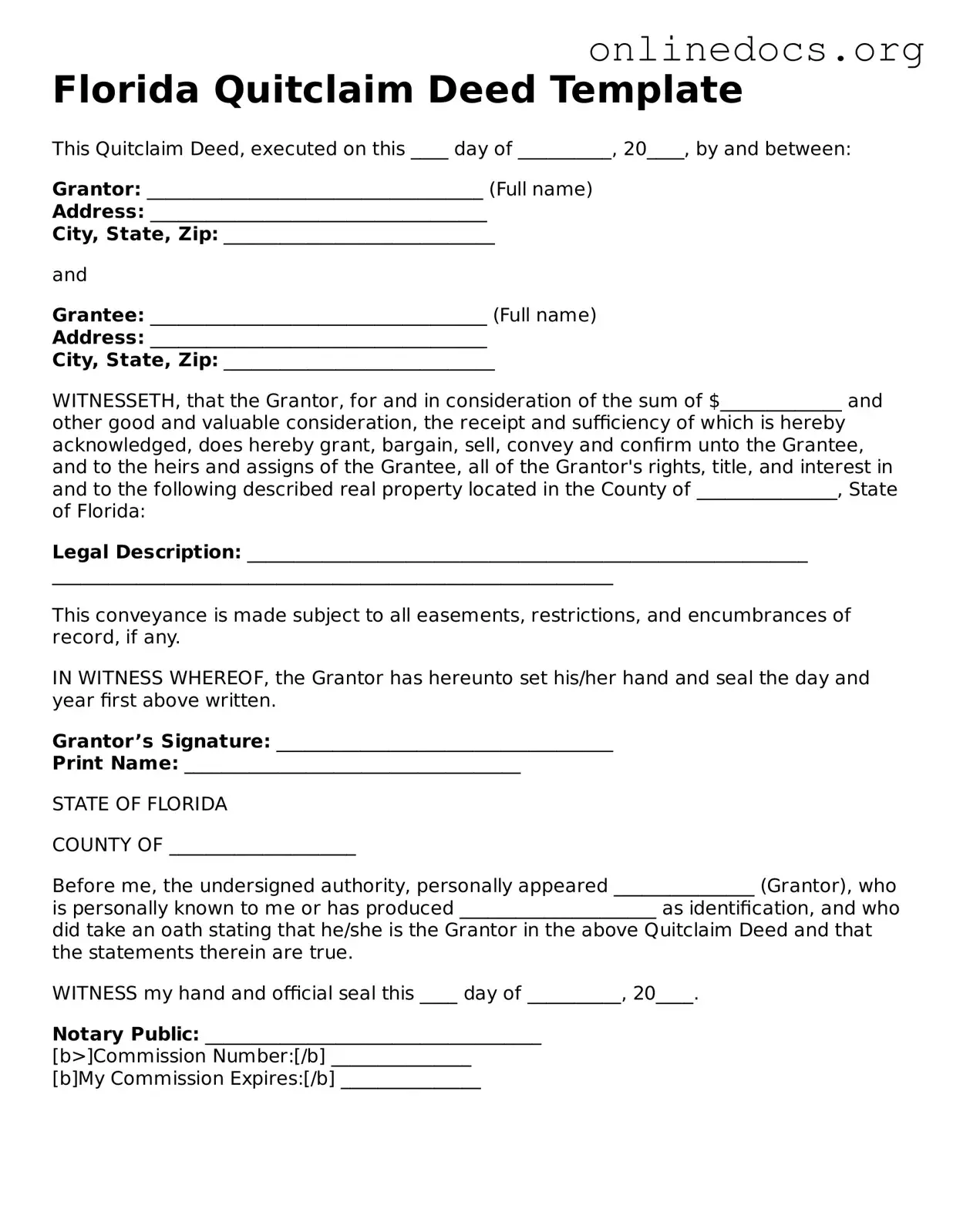 Fillable  Quitclaim Deed Form for Florida