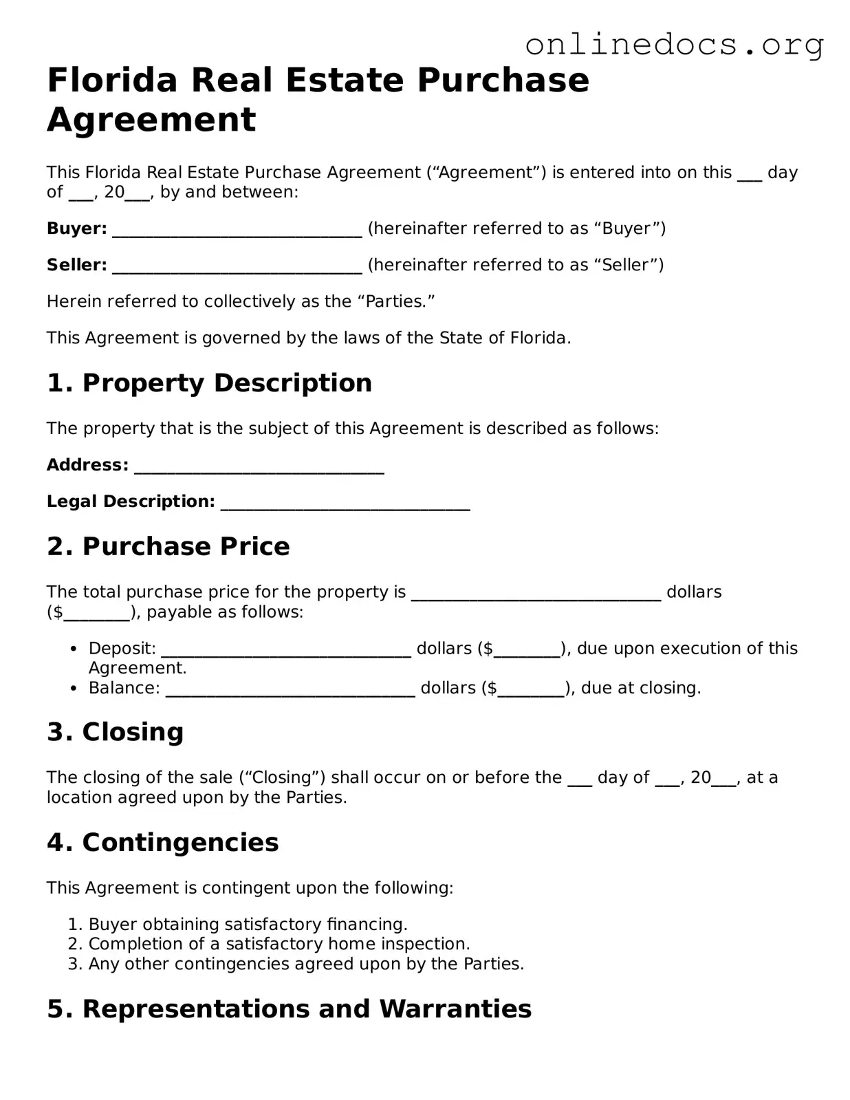 Fillable  Real Estate Purchase Agreement Form for Florida