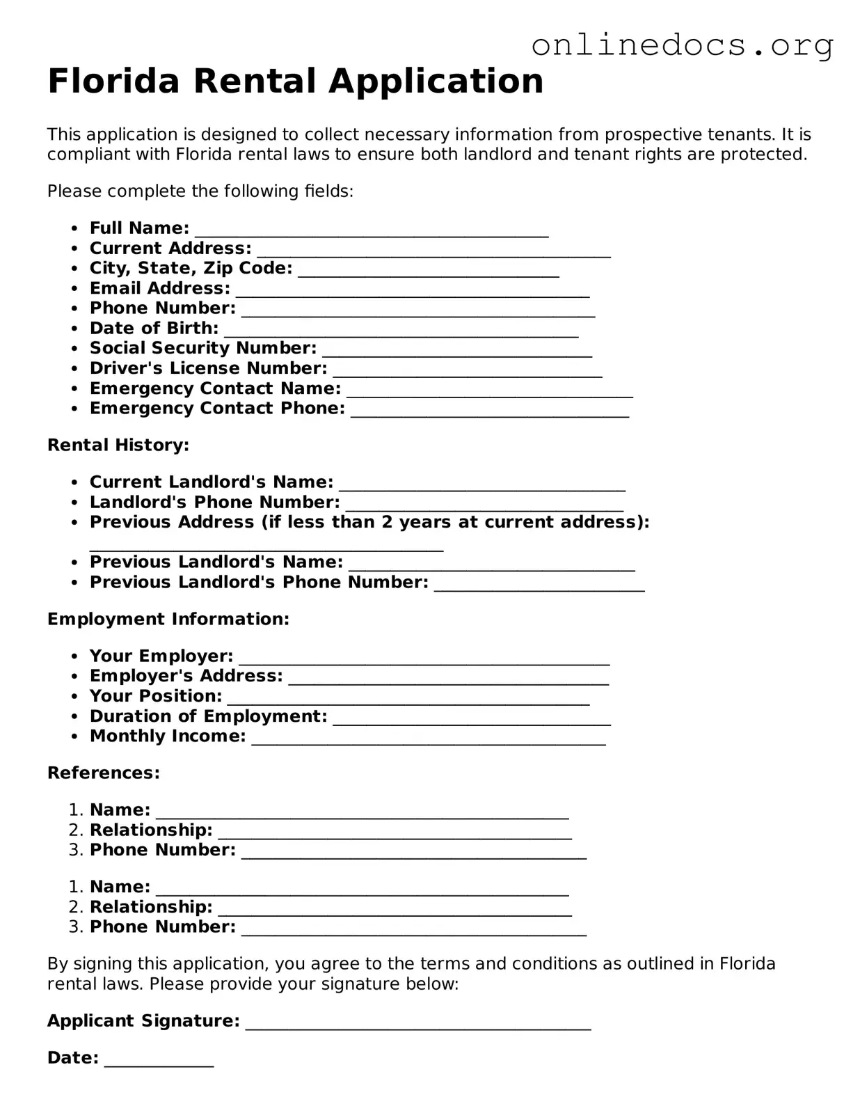 Fillable  Rental Application Form for Florida