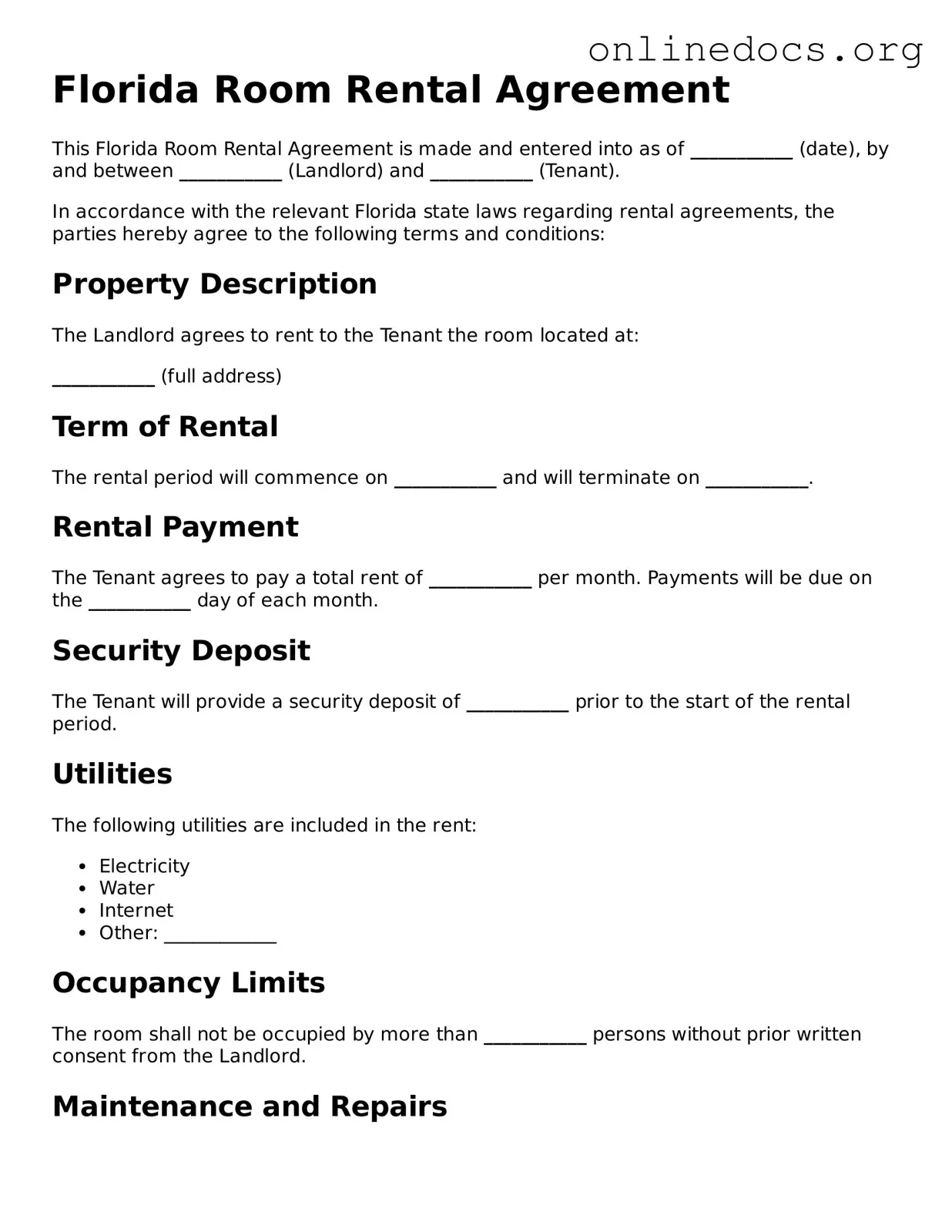 Fillable  Room Rental Agreement Form for Florida