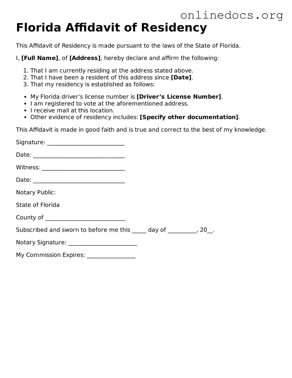 Fillable  Affidavit of Residency Form for Florida