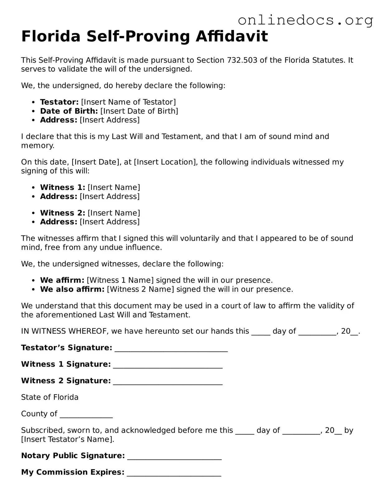 Fillable Self-Proving Affidavit Form for Florida