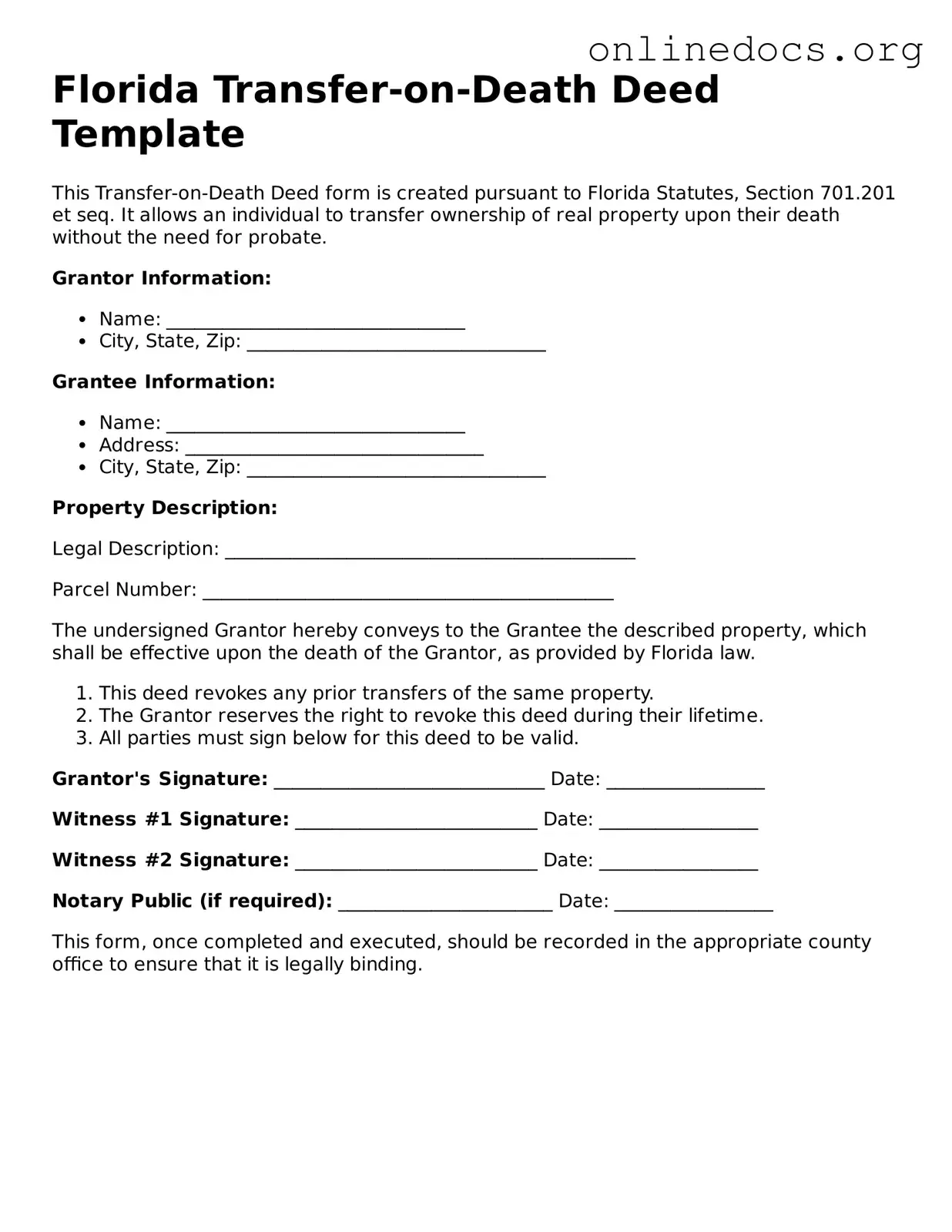 Fillable  Transfer-on-Death Deed Form for Florida