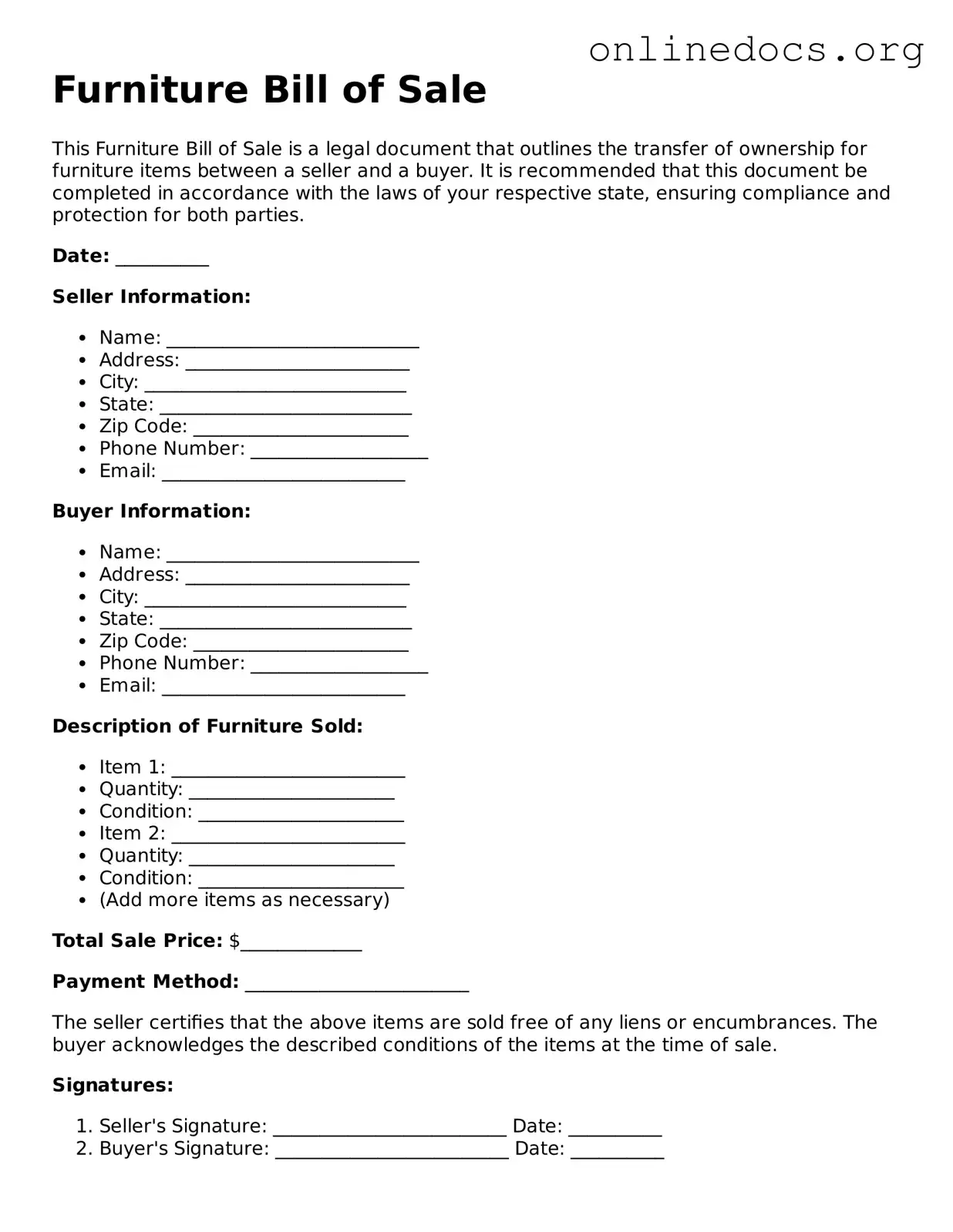Printable Furniture Bill of Sale Form