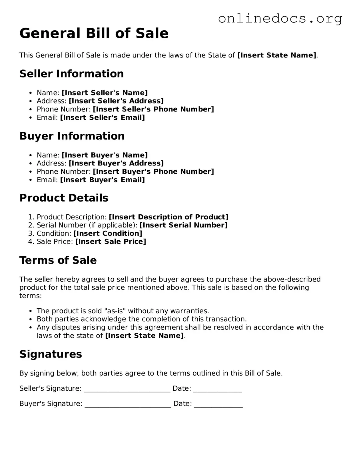 Printable General Bill of Sale Form