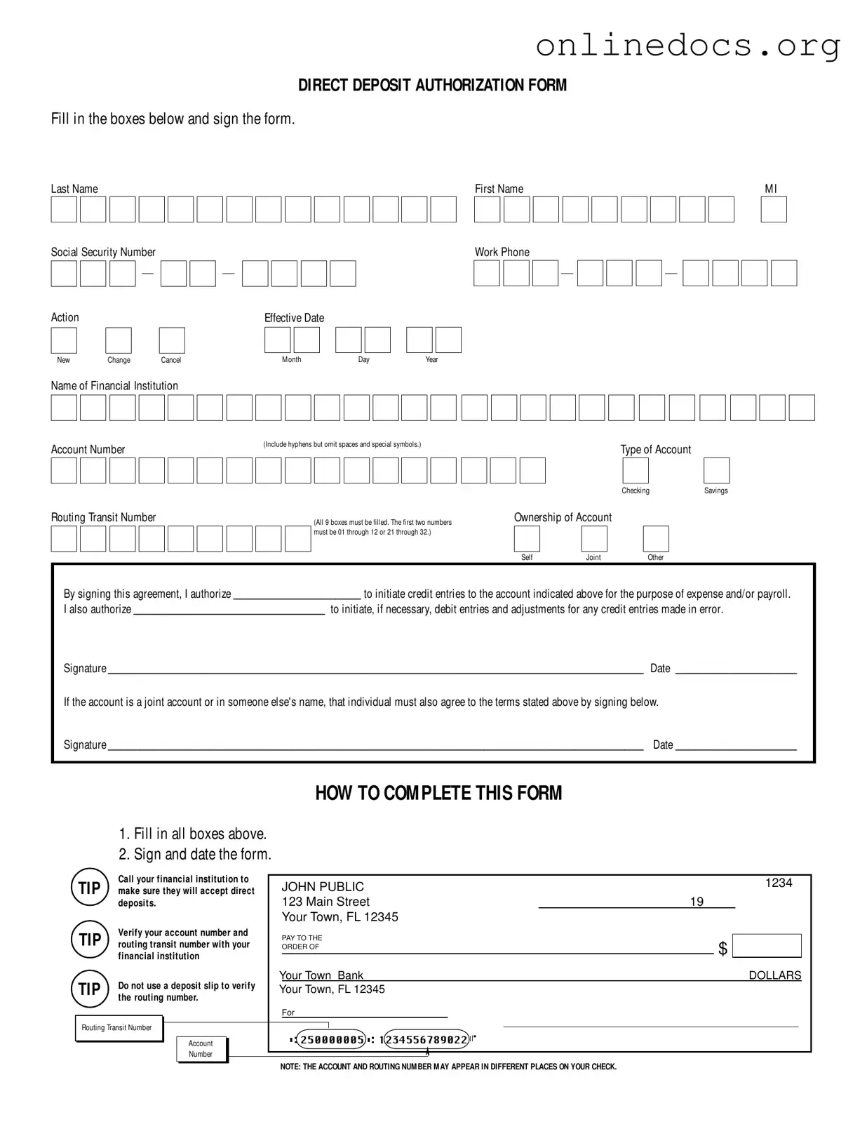 Generic Direct Deposit PDF Form