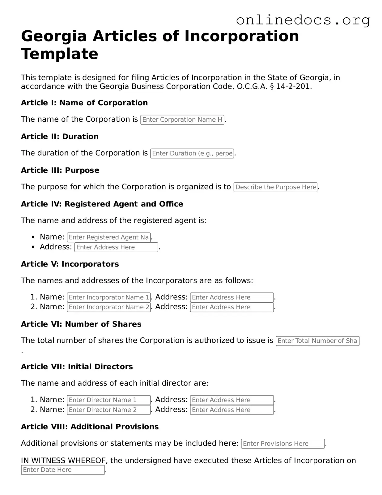 Fillable  Articles of Incorporation Form for Georgia