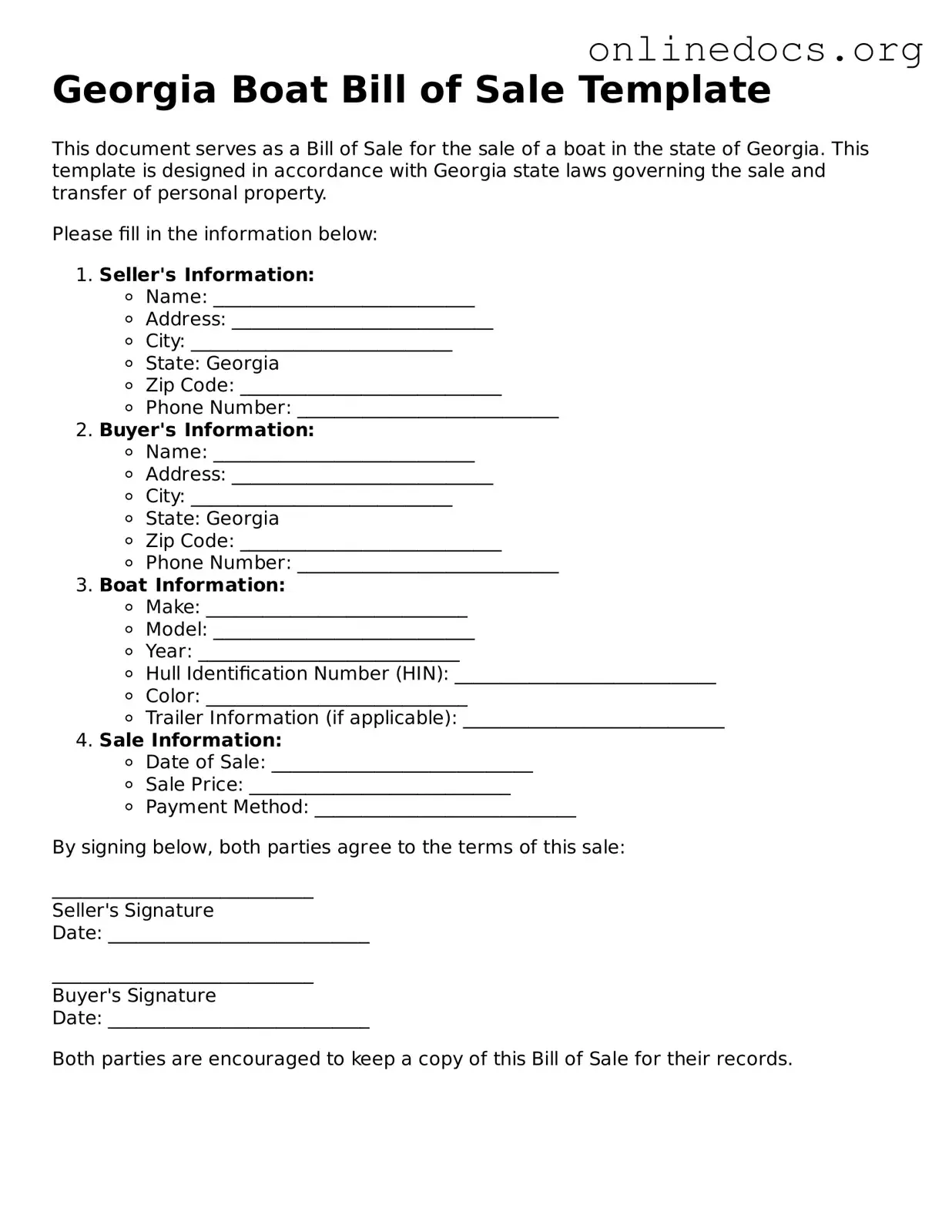 Fillable  Boat Bill of Sale Form for Georgia