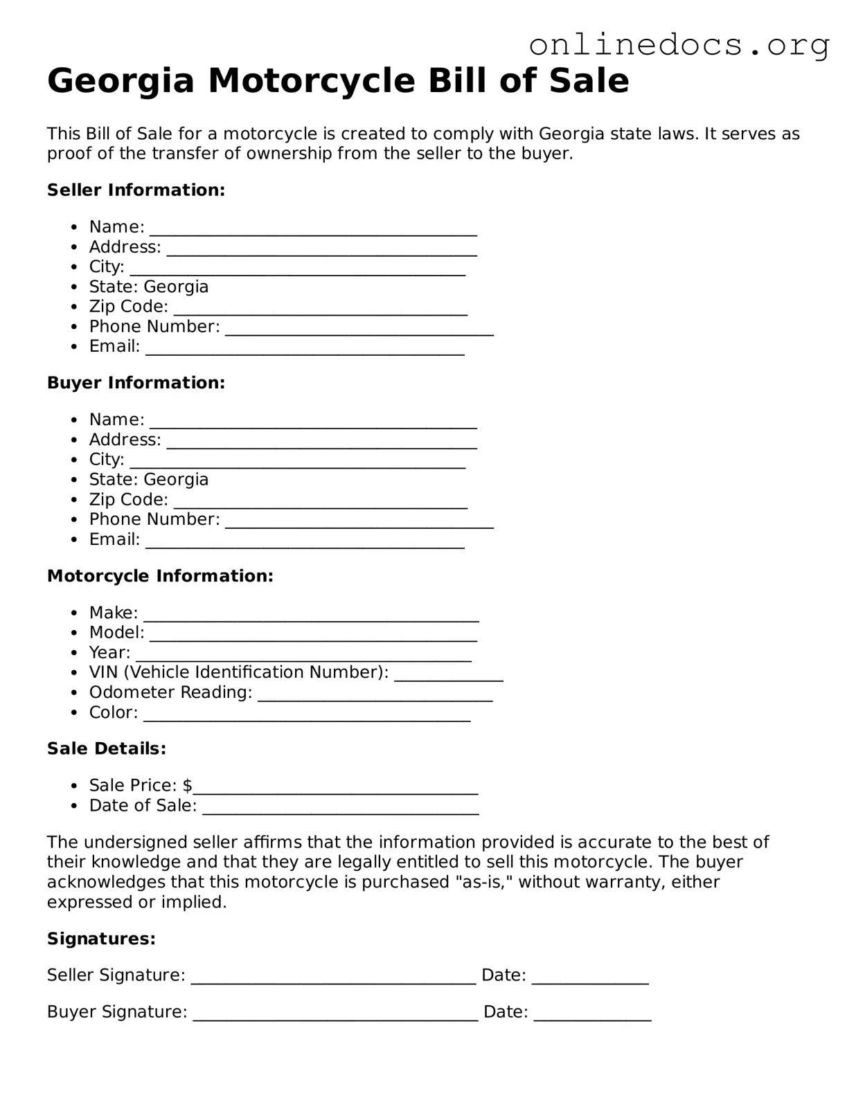 Fillable  Motorcycle Bill of Sale Form for Georgia