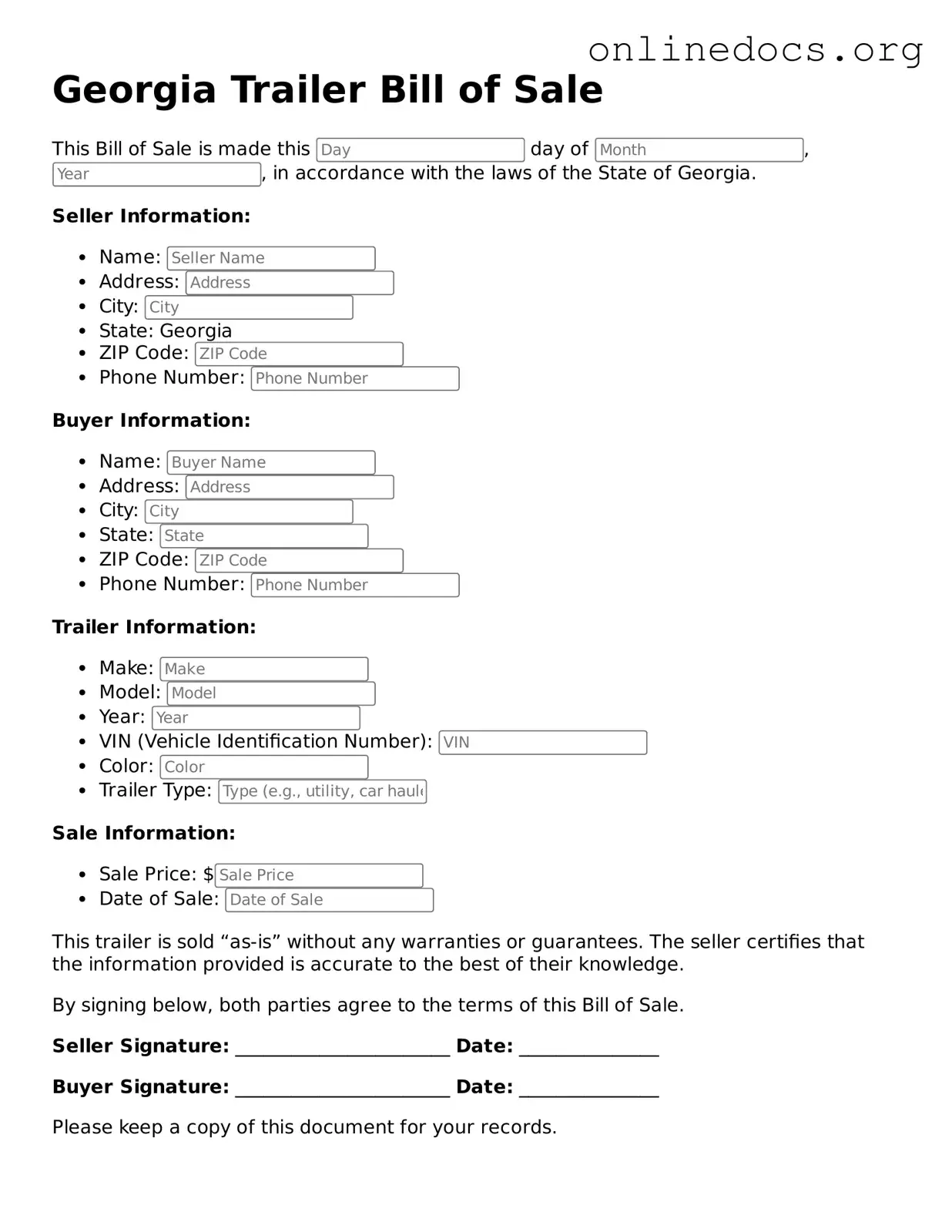 Fillable  Trailer Bill of Sale Form for Georgia