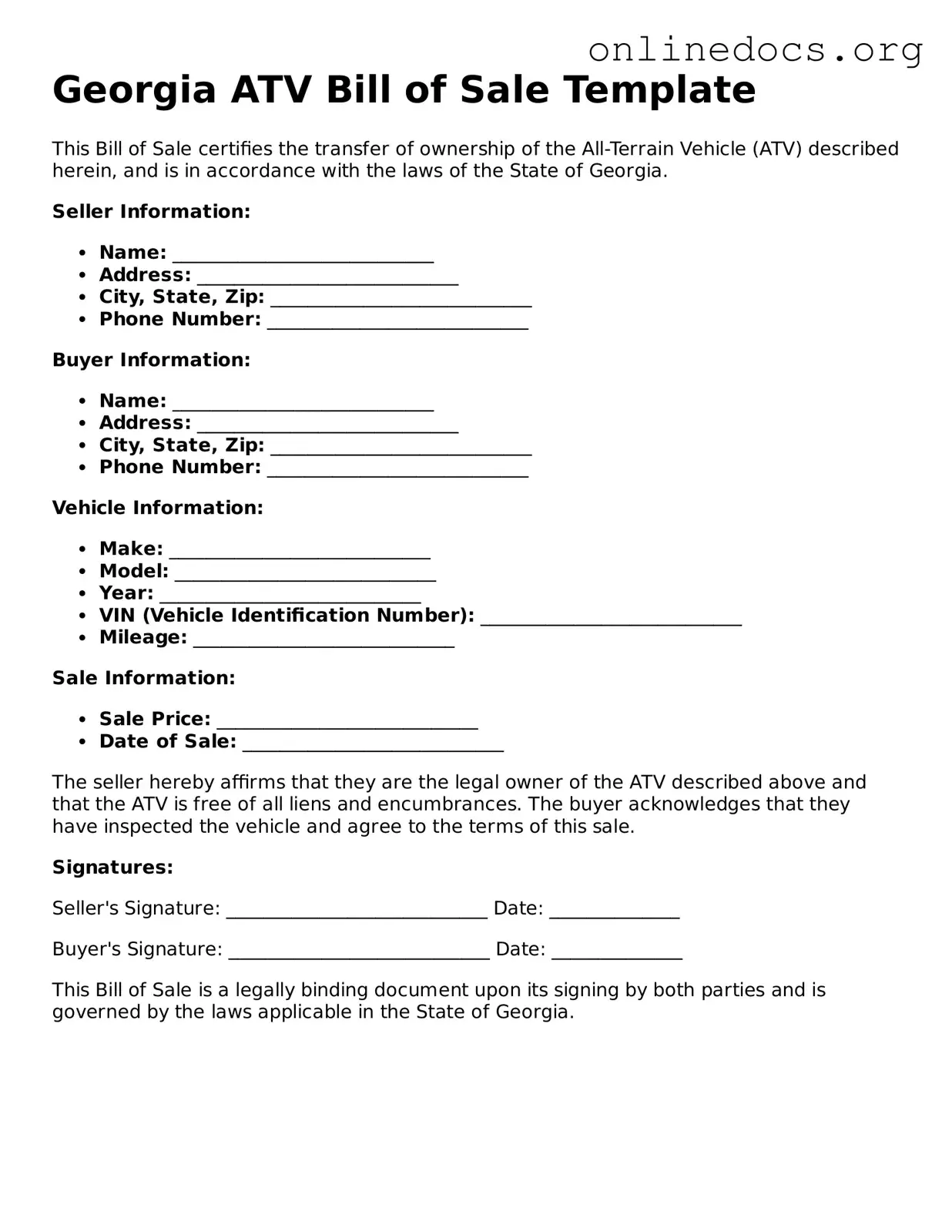 Fillable  ATV Bill of Sale Form for Georgia