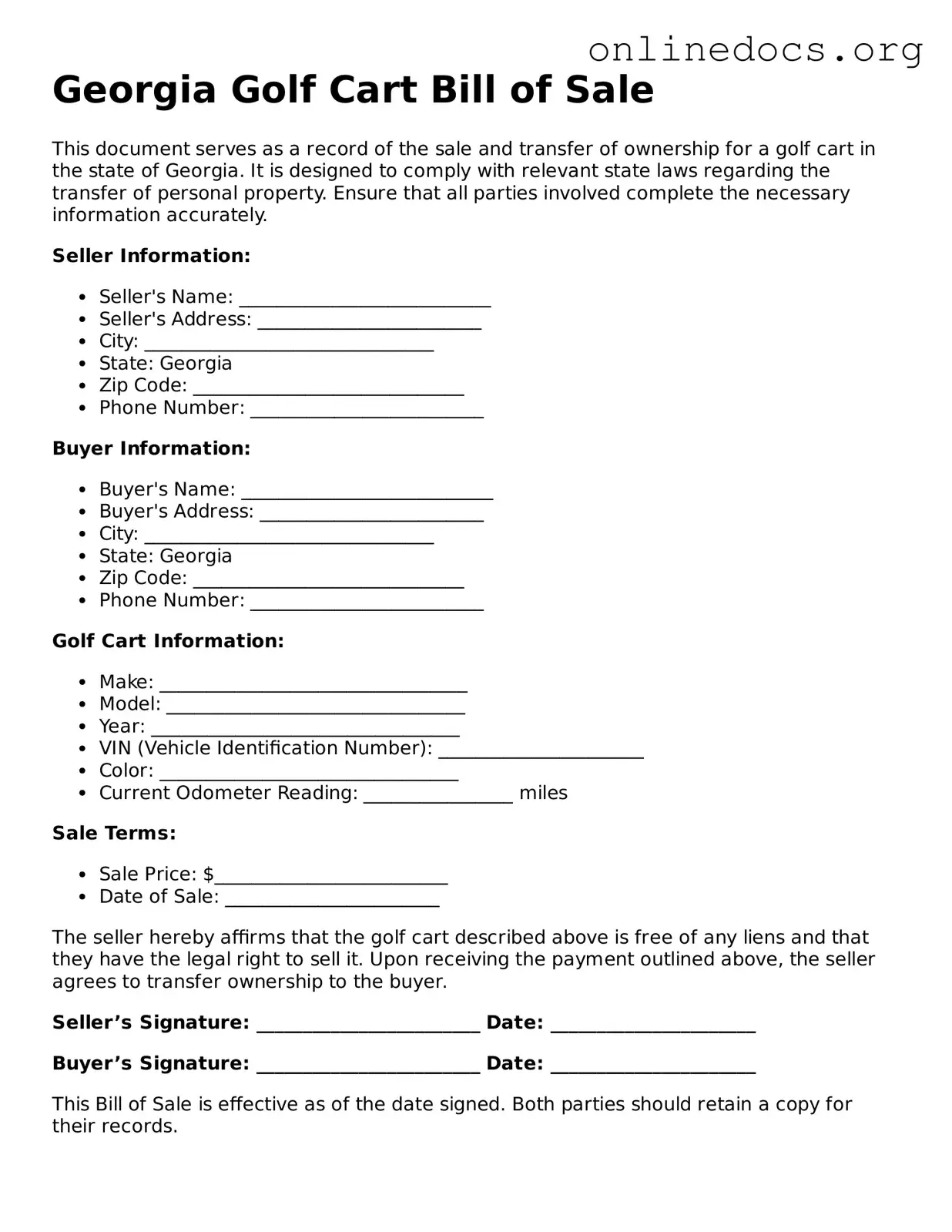 Fillable  Golf Cart Bill of Sale Form for Georgia