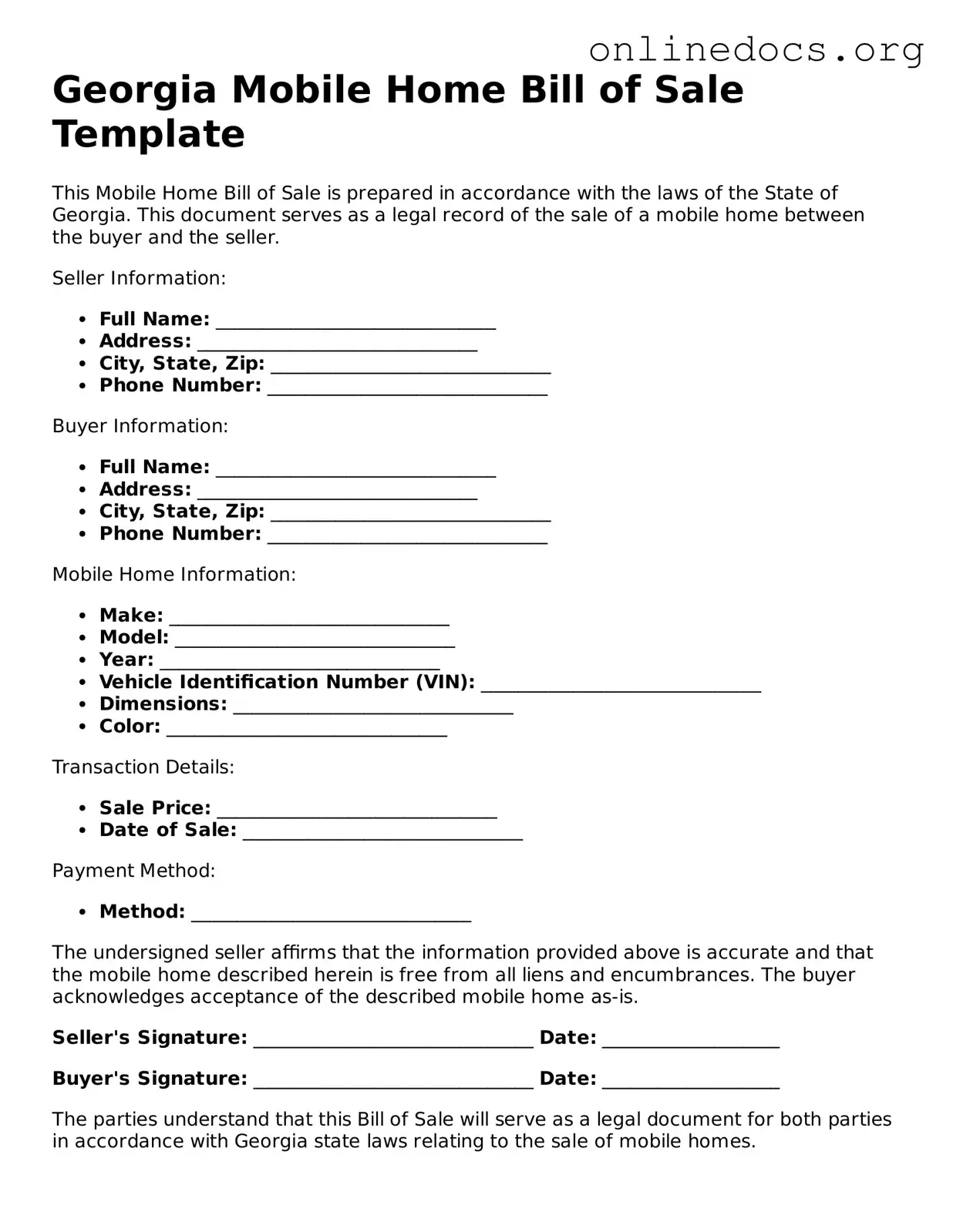 Fillable  Mobile Home Bill of Sale Form for Georgia