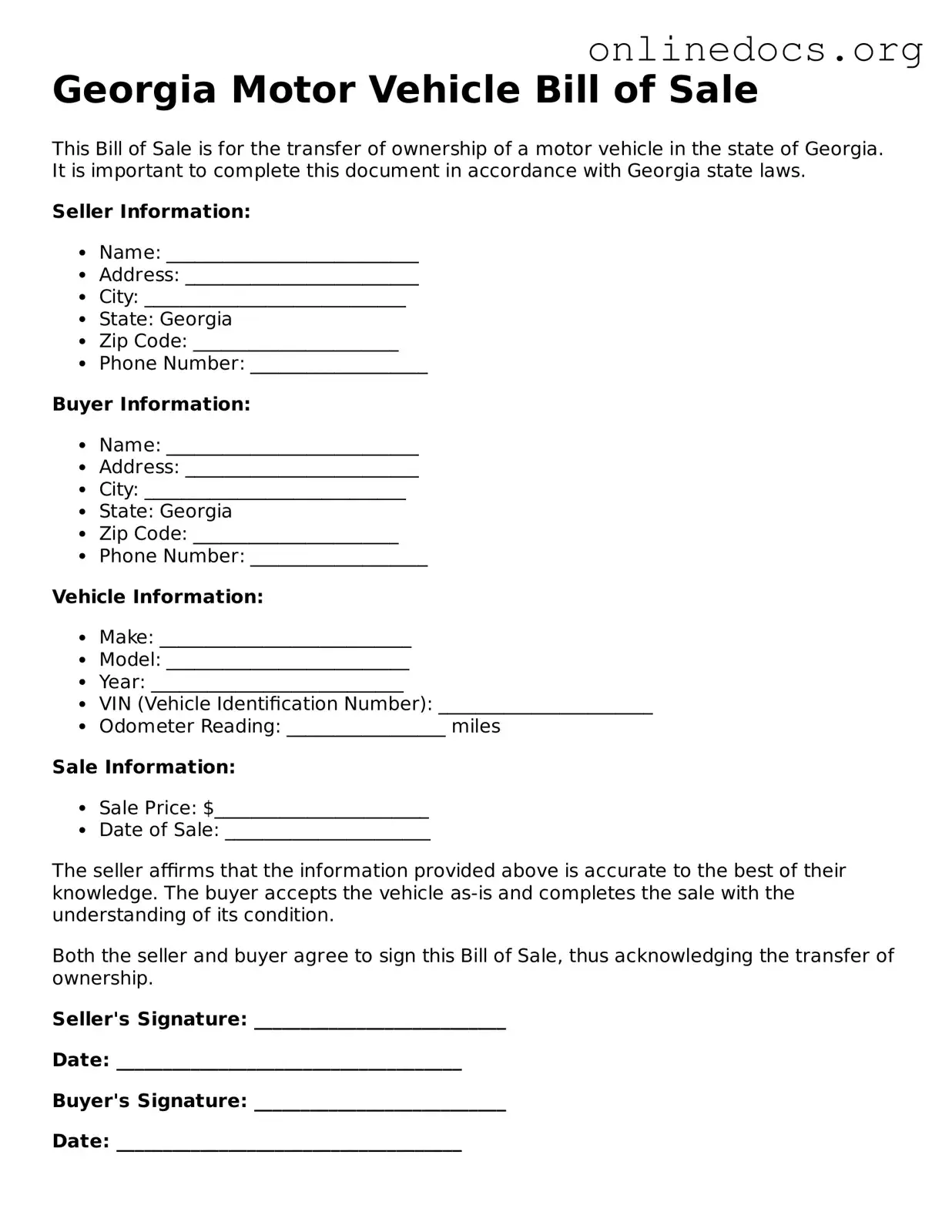 Fillable  Motor Vehicle Bill of Sale Form for Georgia