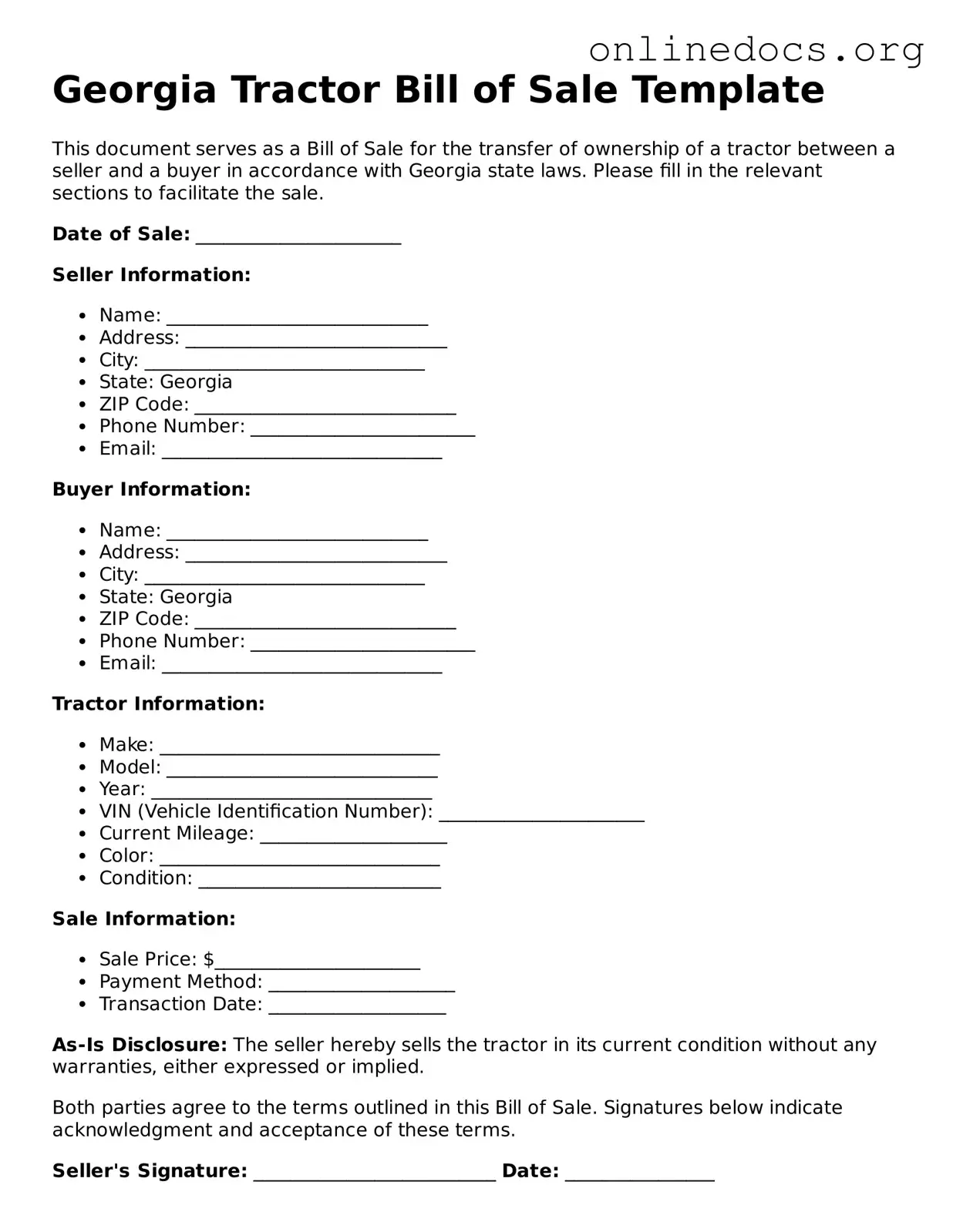 Fillable  Tractor Bill of Sale Form for Georgia