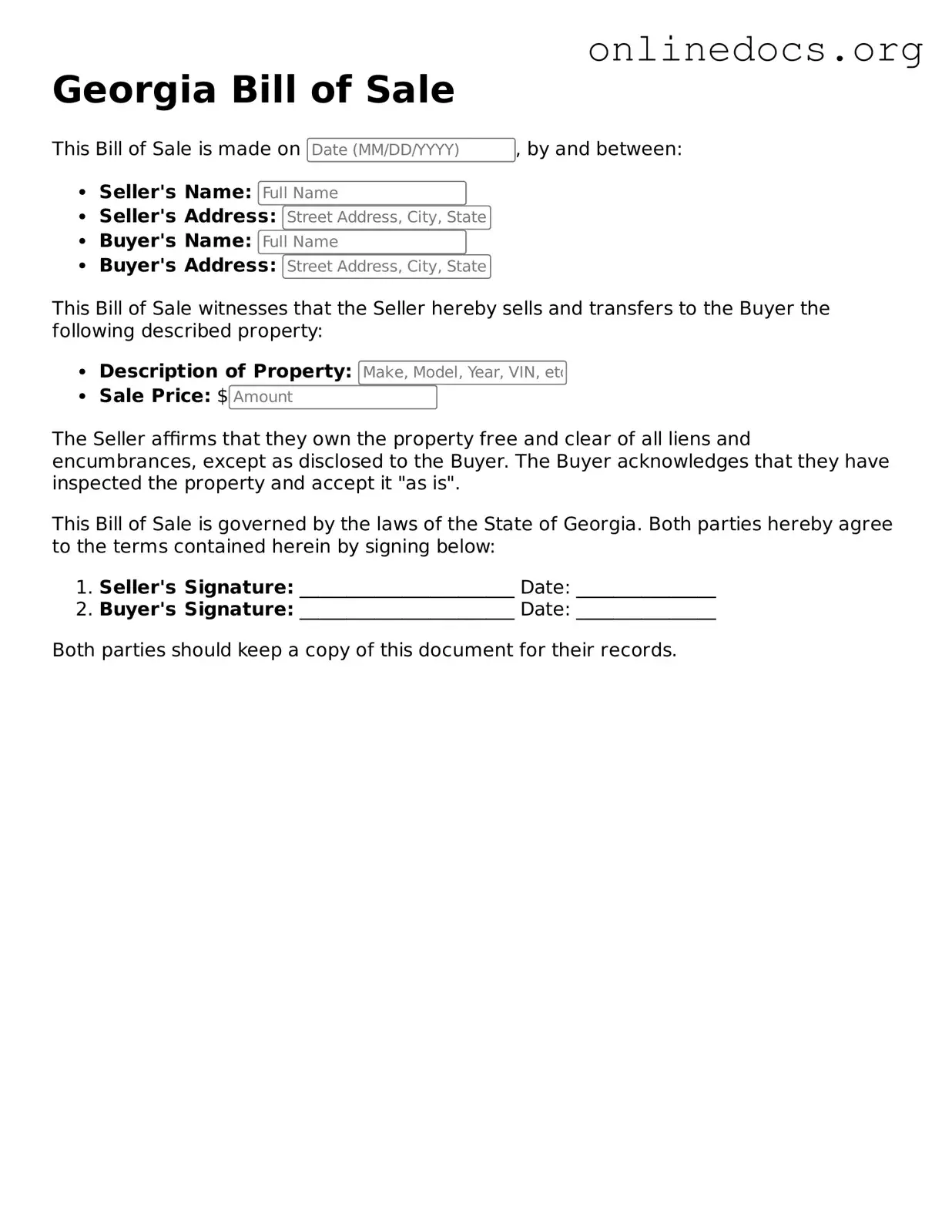 Fillable  Bill of Sale Form for Georgia