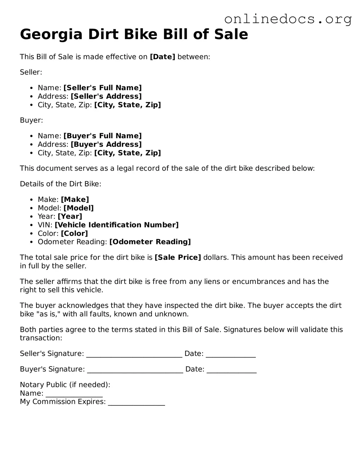 Fillable  Dirt Bike Bill of Sale Form for Georgia