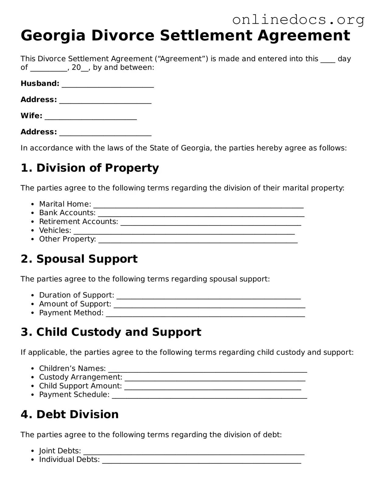 Fillable  Divorce Settlement Agreement Form for Georgia