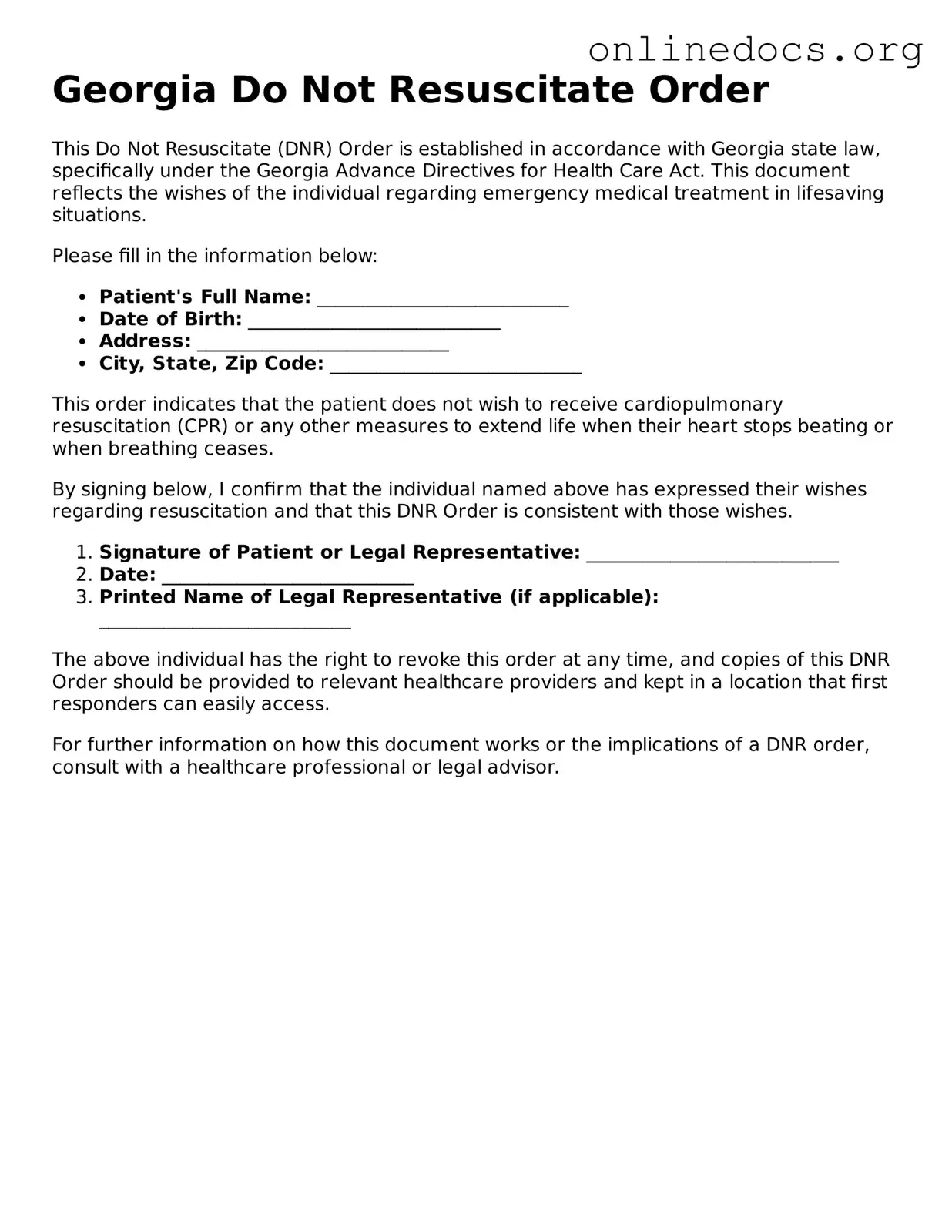 Fillable  Do Not Resuscitate Order Form for Georgia