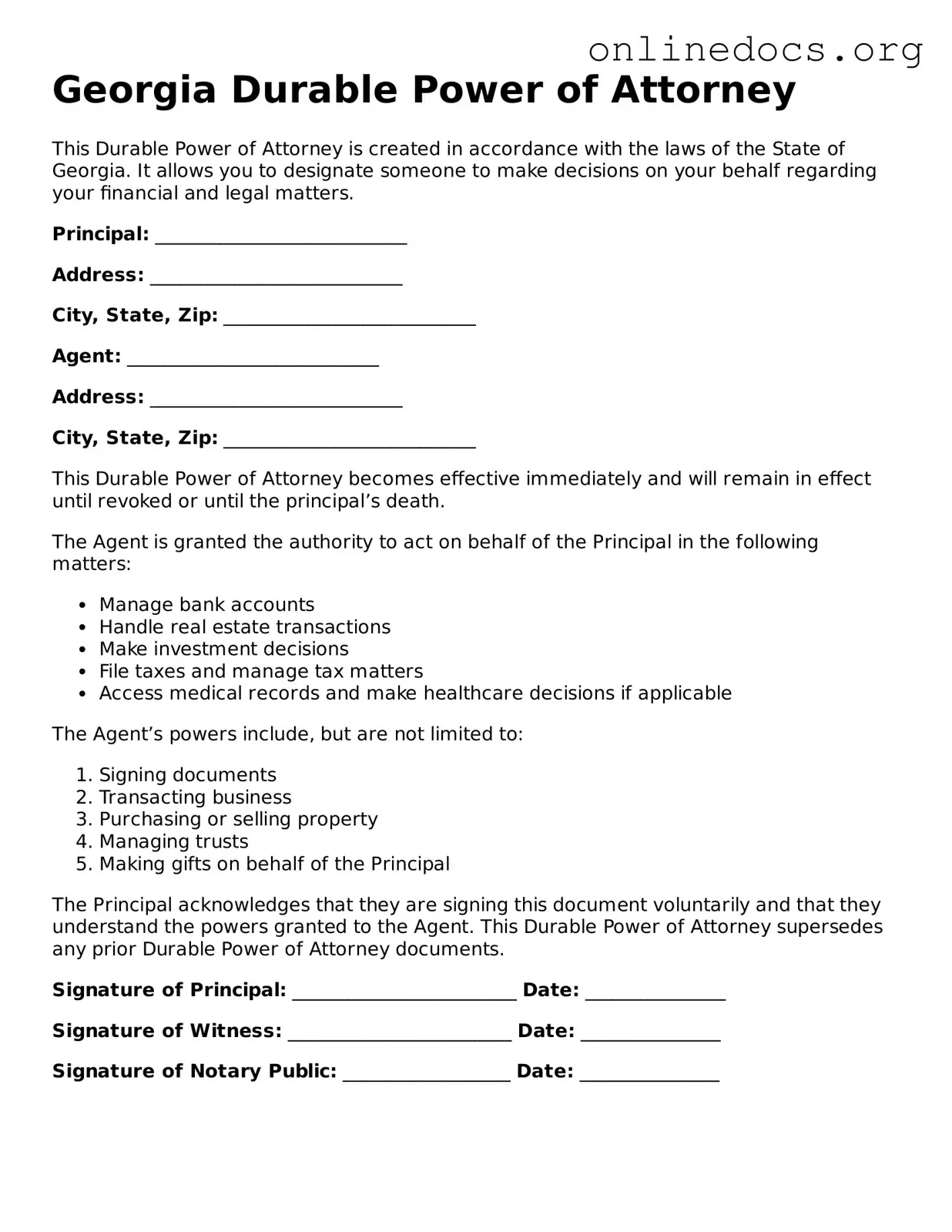 Fillable  Durable Power of Attorney Form for Georgia