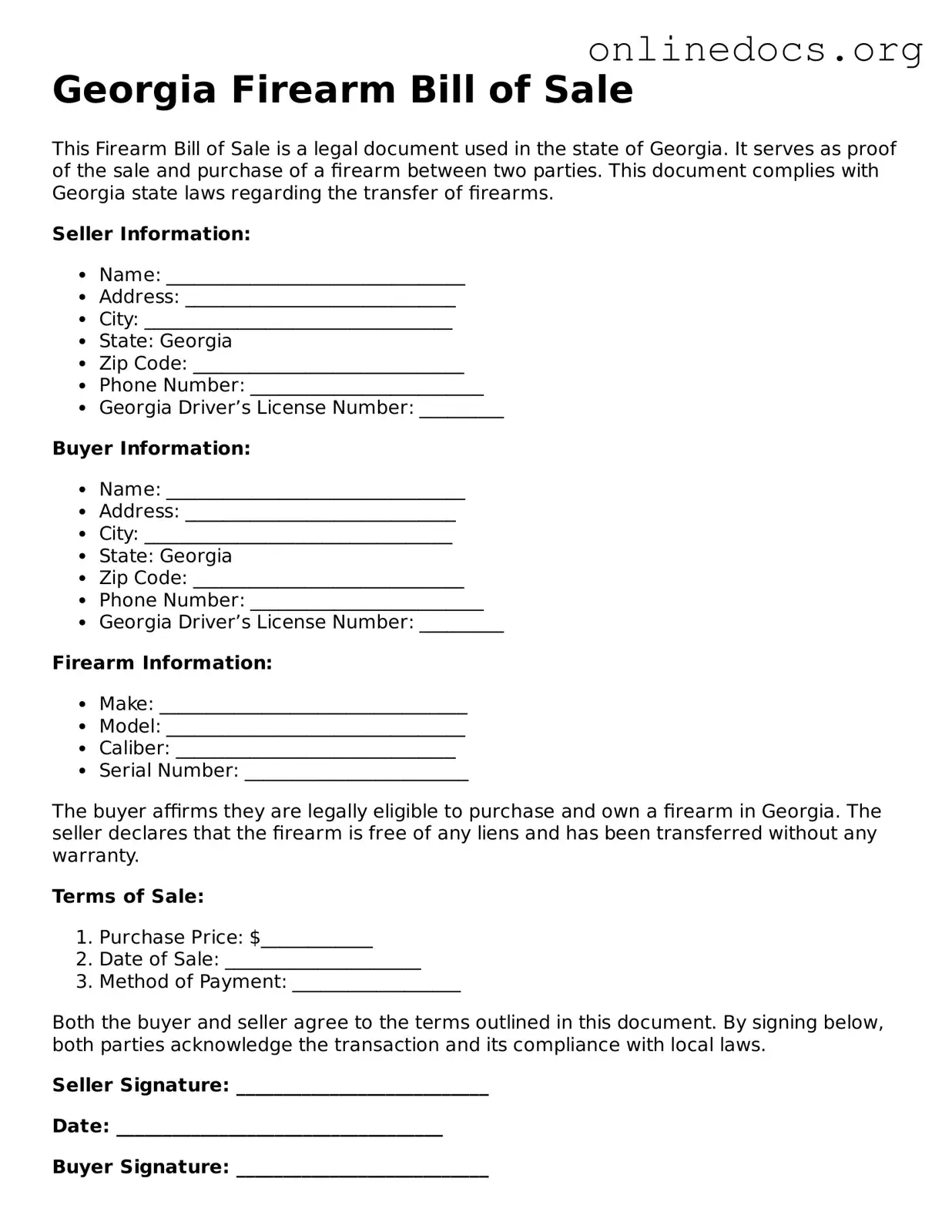 Fillable  Firearm Bill of Sale Form for Georgia